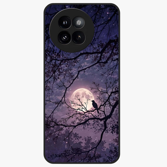 Whispering Moon Silence Glass Case showing flat back view with serene moon themed artwork and glossy glass finish.