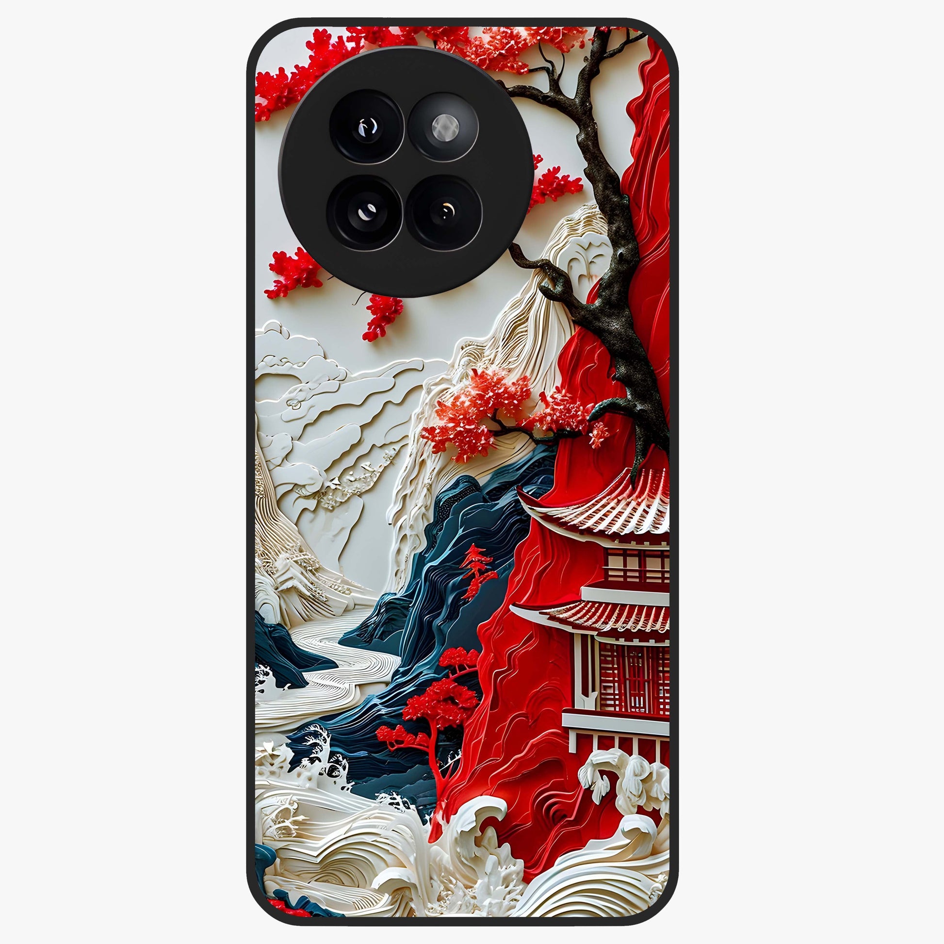 Whispers Of Sakura Waves Glass Case showing flat back view with cherry blossom wave artwork and glossy glass finish.