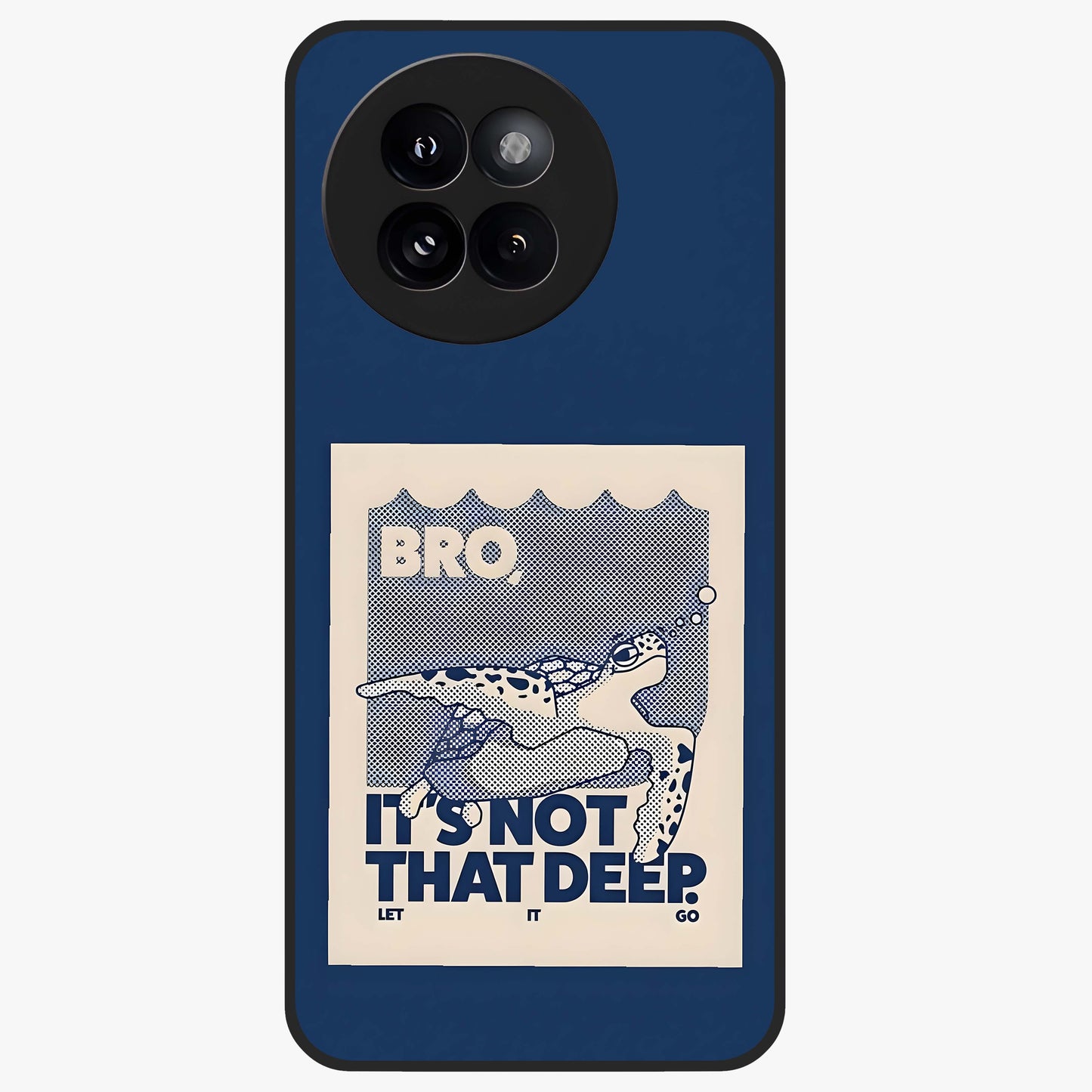 Worry Less Swim Glass Case showing flat back view with playful motivational artwork and glossy glass finish.