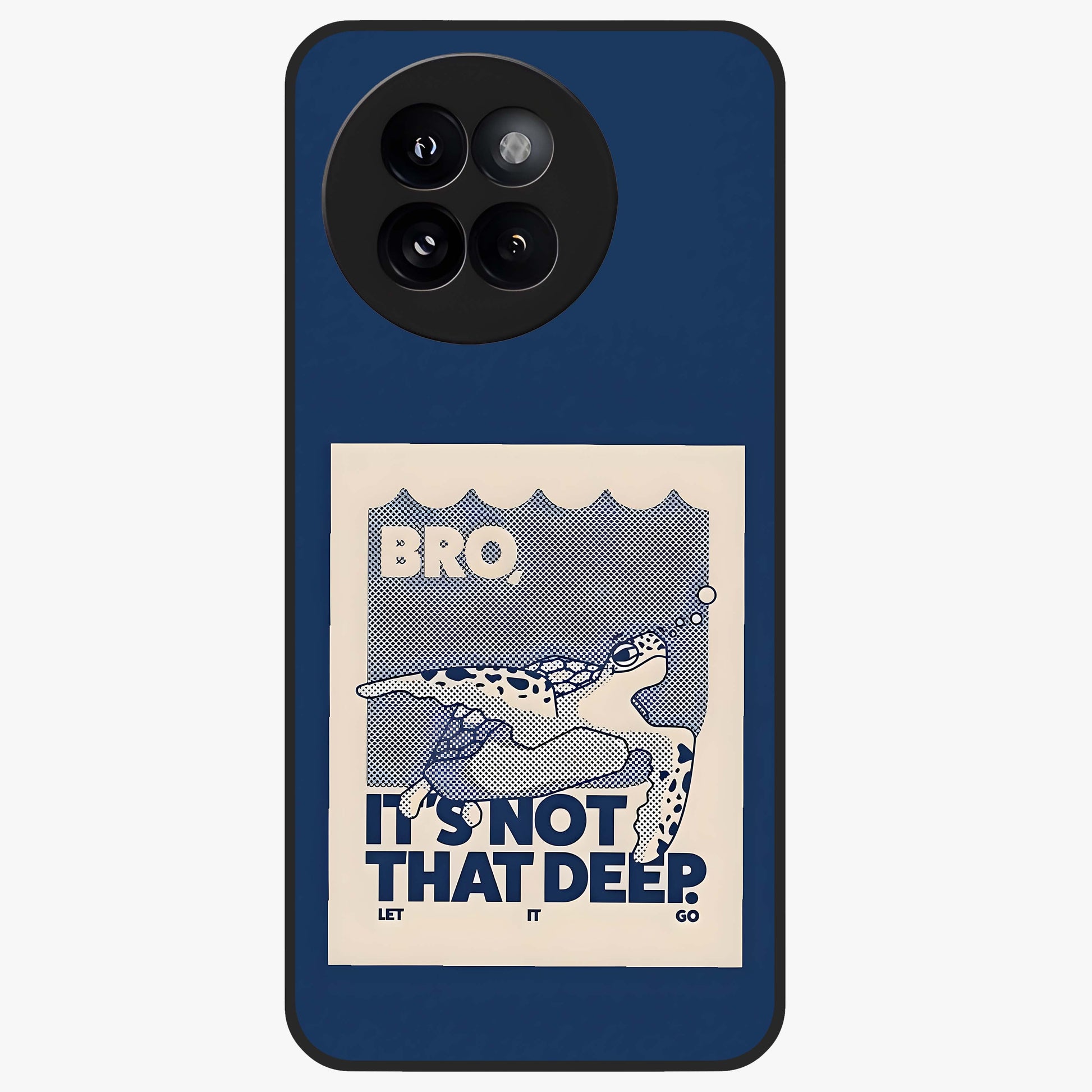 Worry Less Swim Glass Case showing flat back view with playful motivational artwork and glossy glass finish.