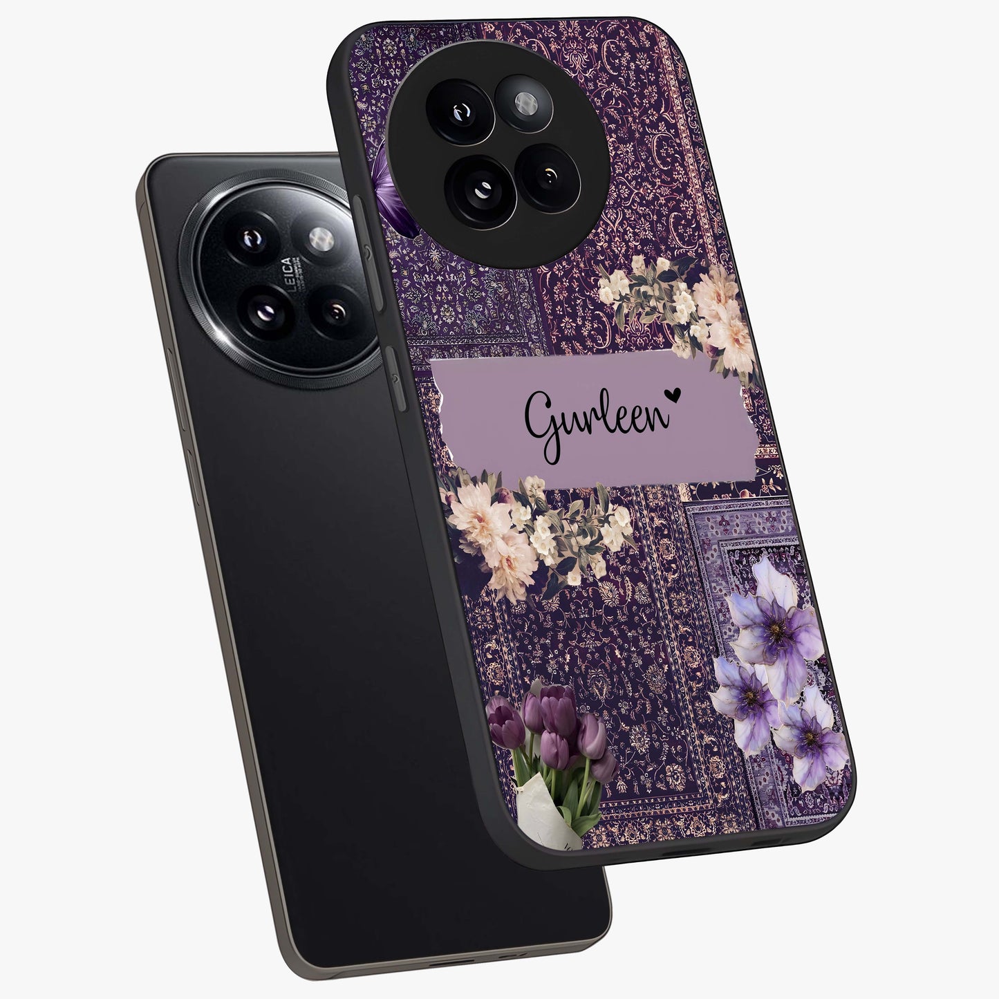 Antique Floral Whisper Custom Name Glass Case displayed in angled mockup highlighting elegant antique floral aesthetic.