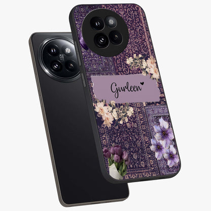 Antique Floral Whisper Custom Name Glass Case displayed in angled mockup highlighting elegant antique floral aesthetic.