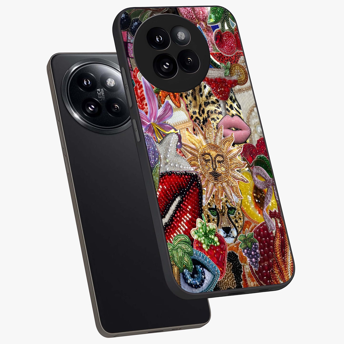 Beaded Fashion Jungle Glass Case displayed in angled mockup highlighting colorful fashion bead design and artistic pattern.