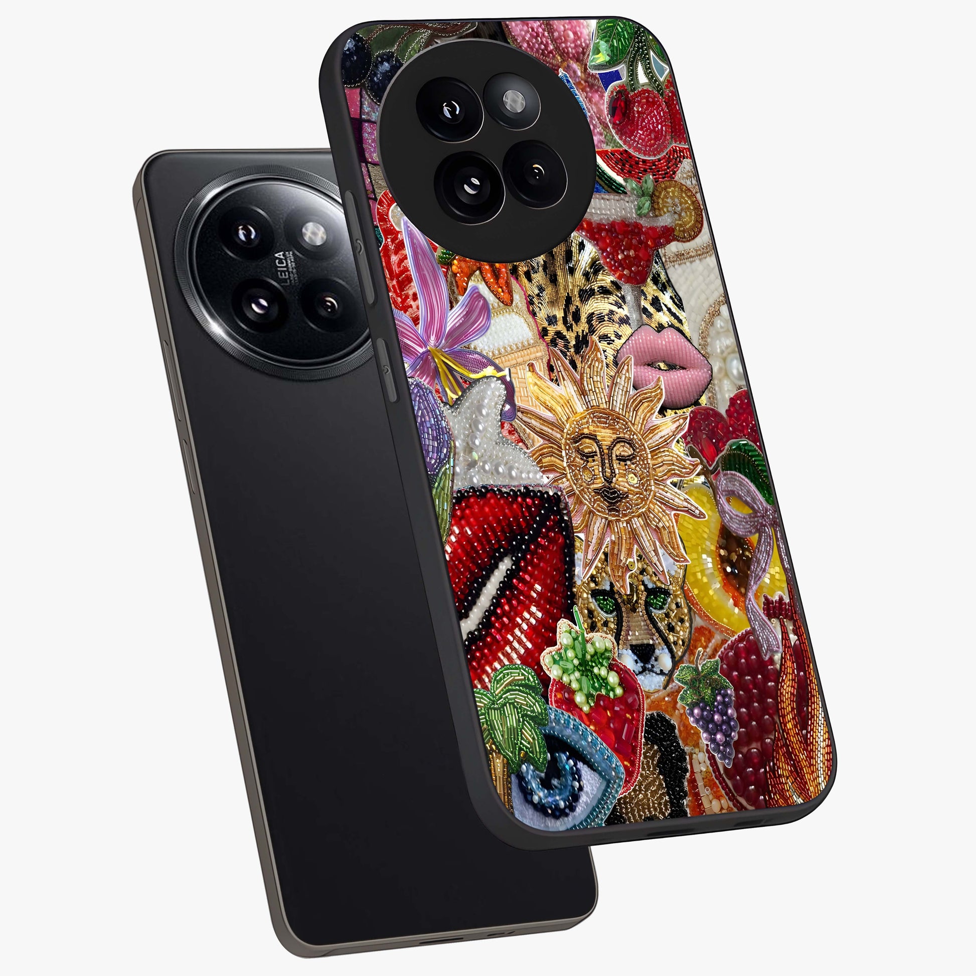 Beaded Fashion Jungle Glass Case displayed in angled mockup highlighting colorful fashion bead design and artistic pattern.