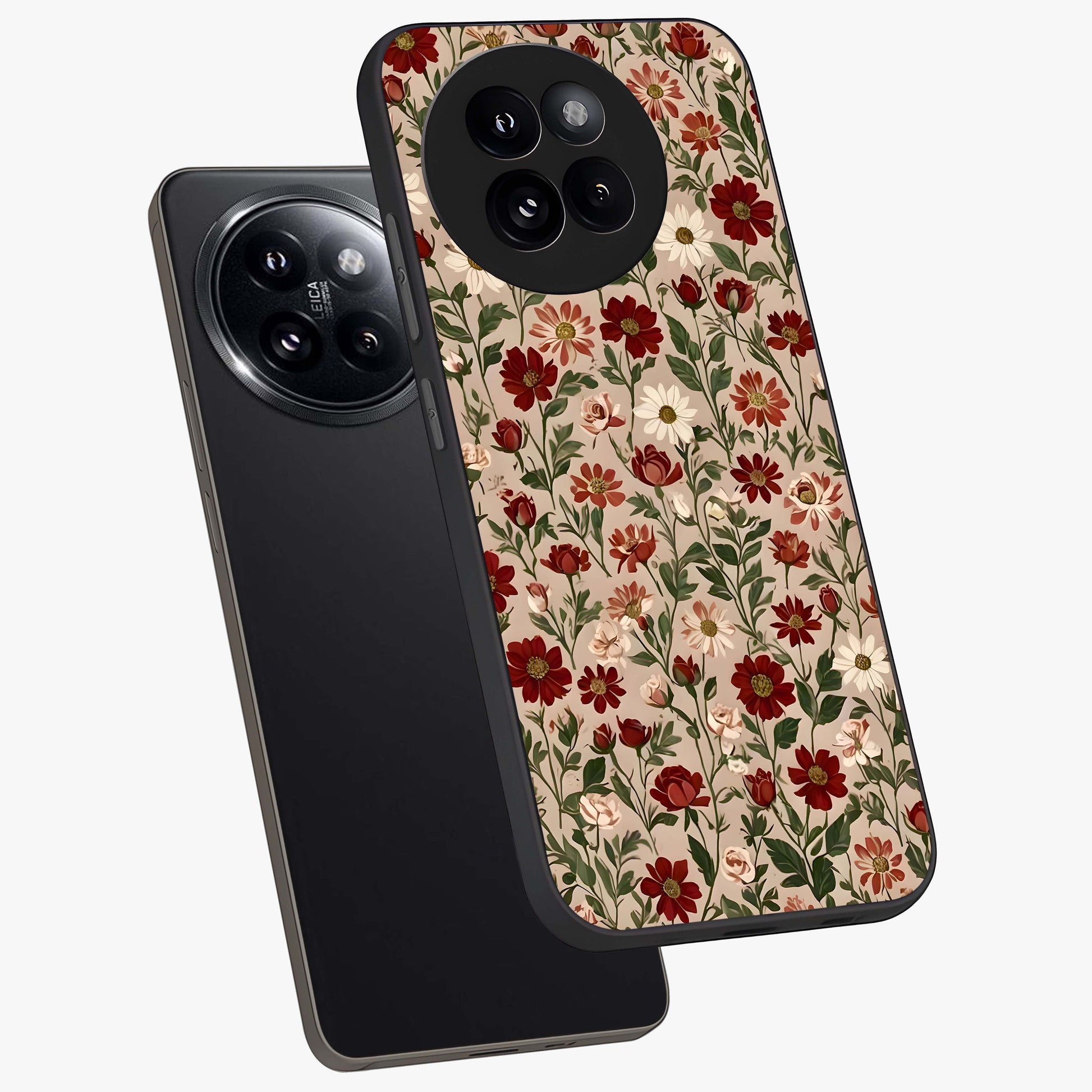 Biege Flower With Leaf Glass Case displayed in angled mockup highlighting minimal floral leaf design and elegant aesthetic.