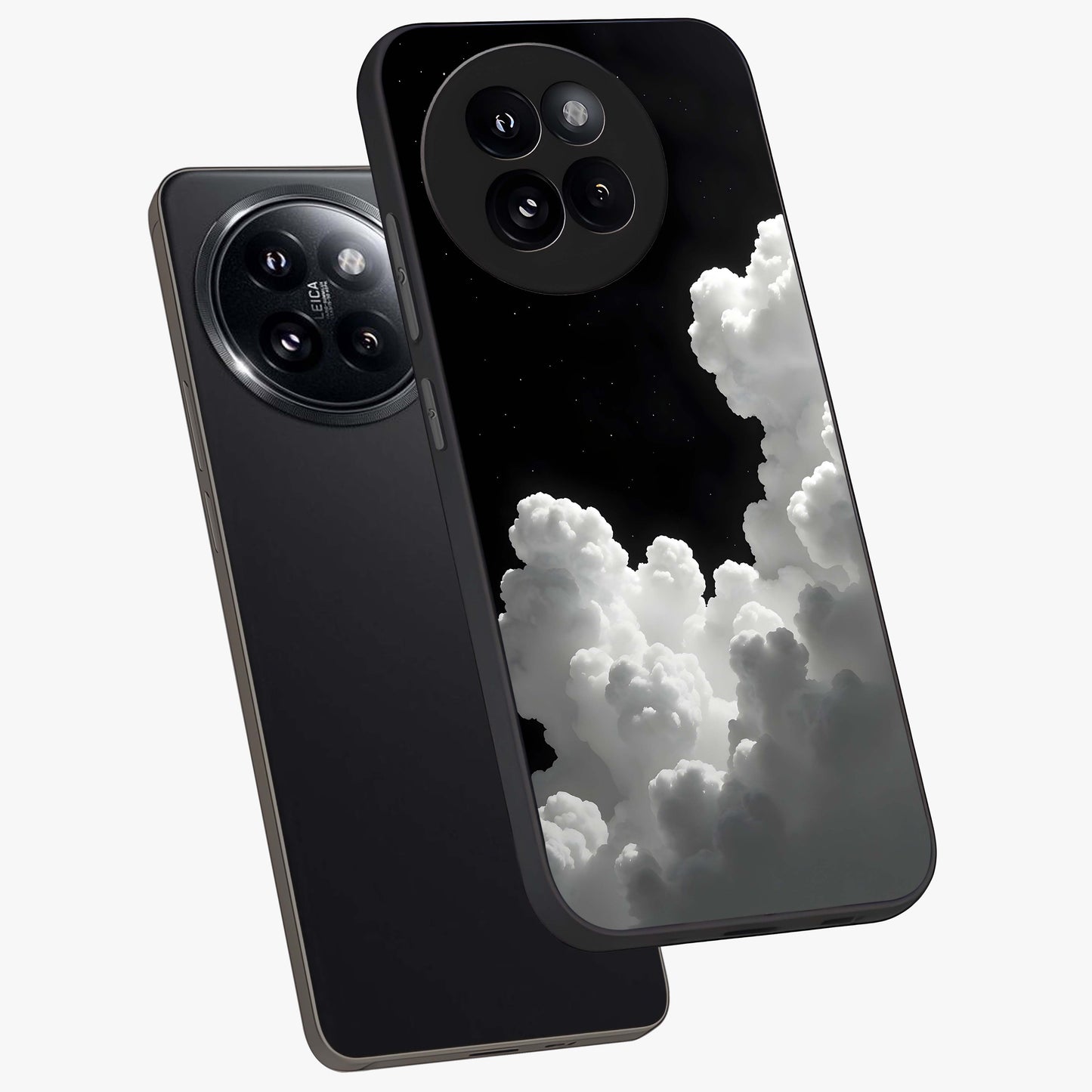 Black Background With White Cloud Glass Case displayed in angled mockup highlighting soft white cloud illustration and minimal design.