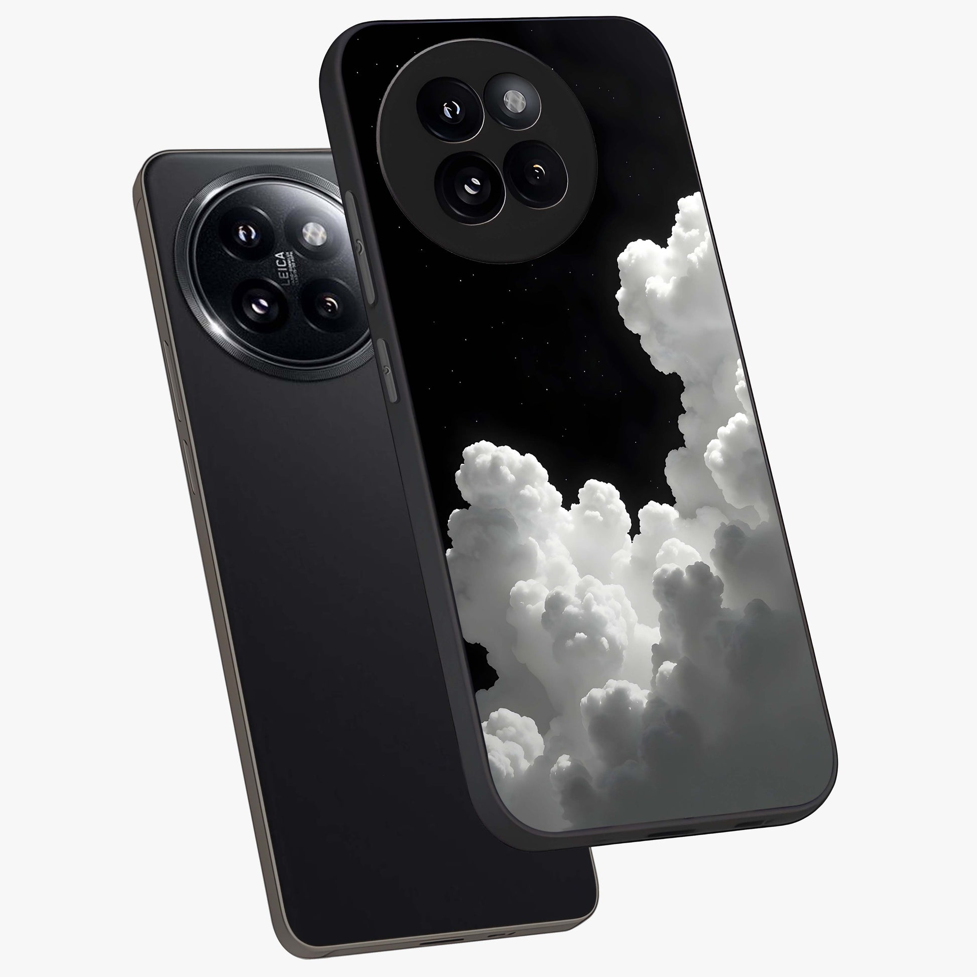Black Background With White Cloud Glass Case displayed in angled mockup highlighting soft white cloud illustration and minimal design.