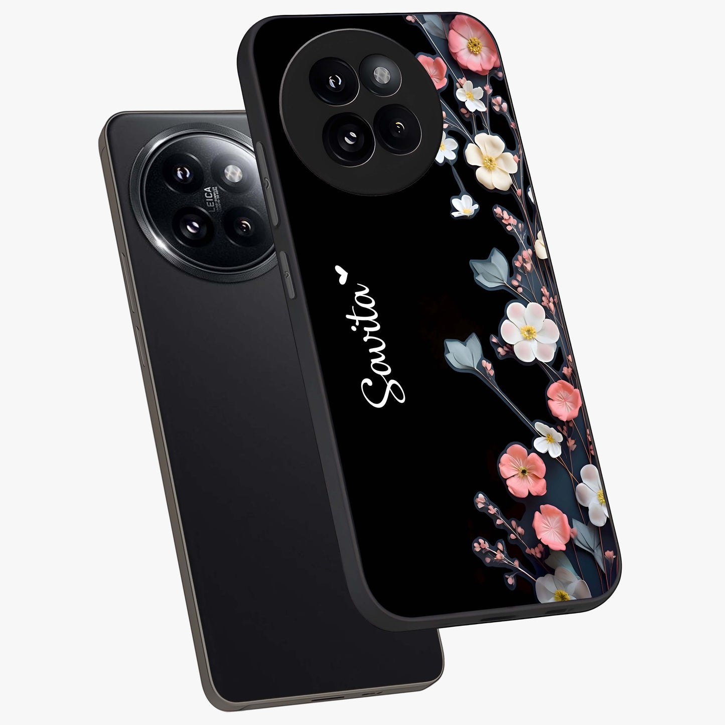 Black Elegance Floral Custom Name Glass Case displayed in angled mockup highlighting dark floral aesthetic and custom name feature.
