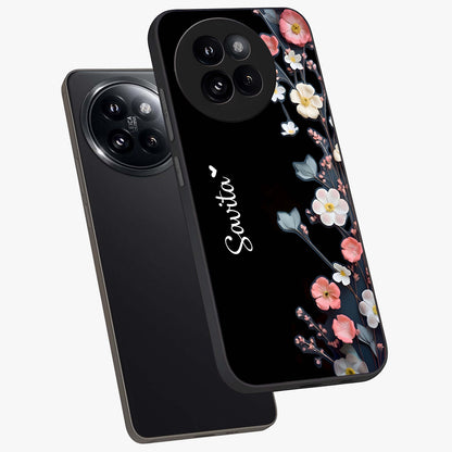 Black Elegance Floral Custom Name Glass Case displayed in angled mockup highlighting dark floral aesthetic and custom name feature.