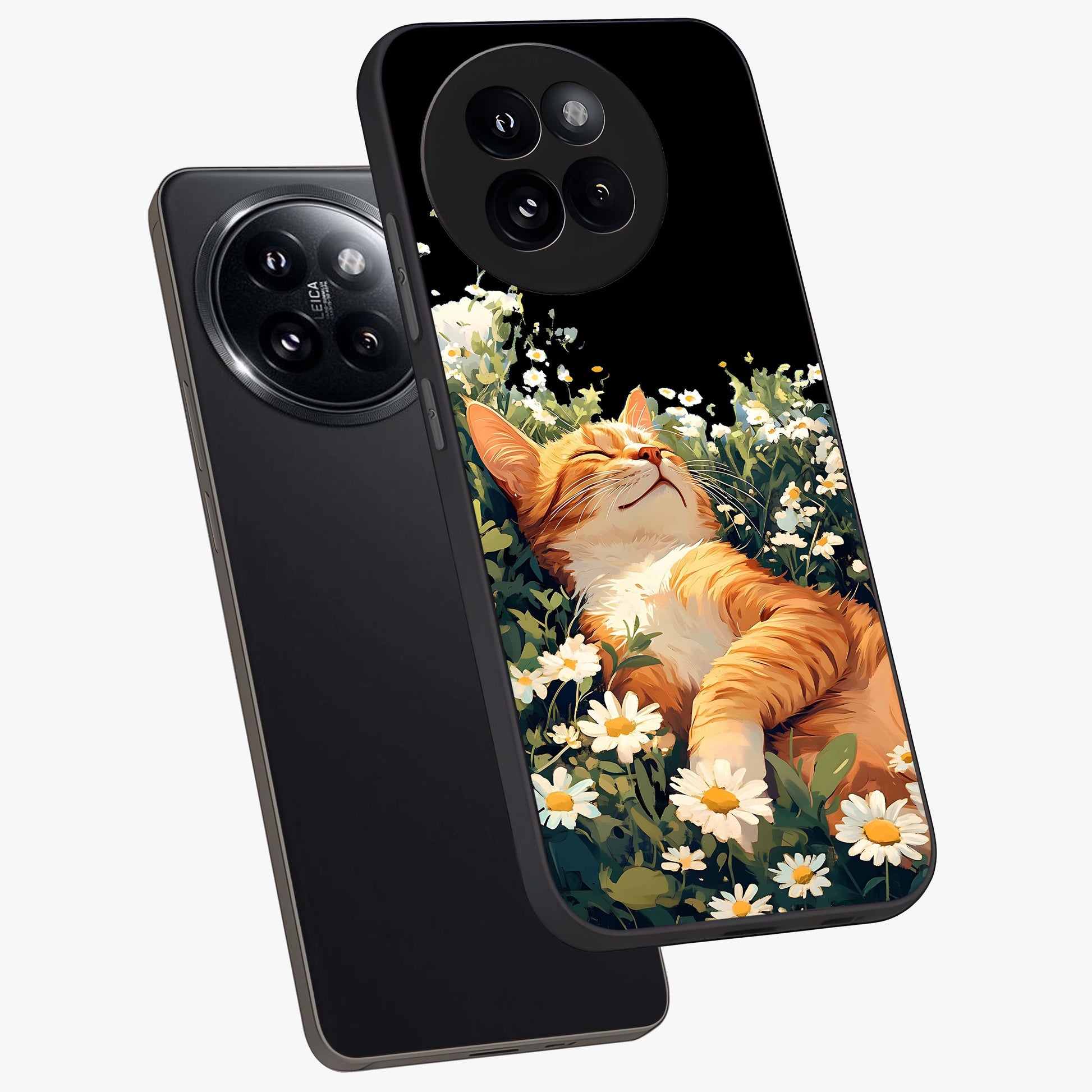 Blissful Bloom Cat Glass Case displayed in angled mockup highlighting playful feline illustration with soft floral aesthetic.