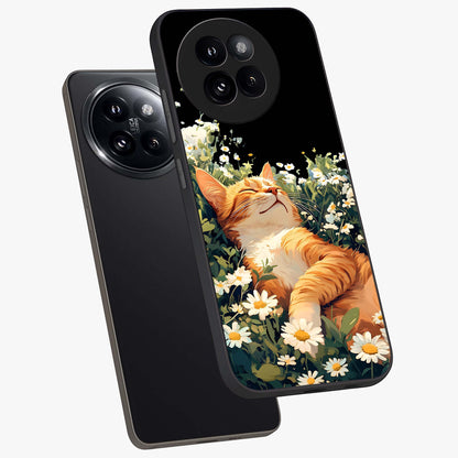Blissful Bloom Cat Glass Case displayed in angled mockup highlighting playful feline illustration with soft floral aesthetic.