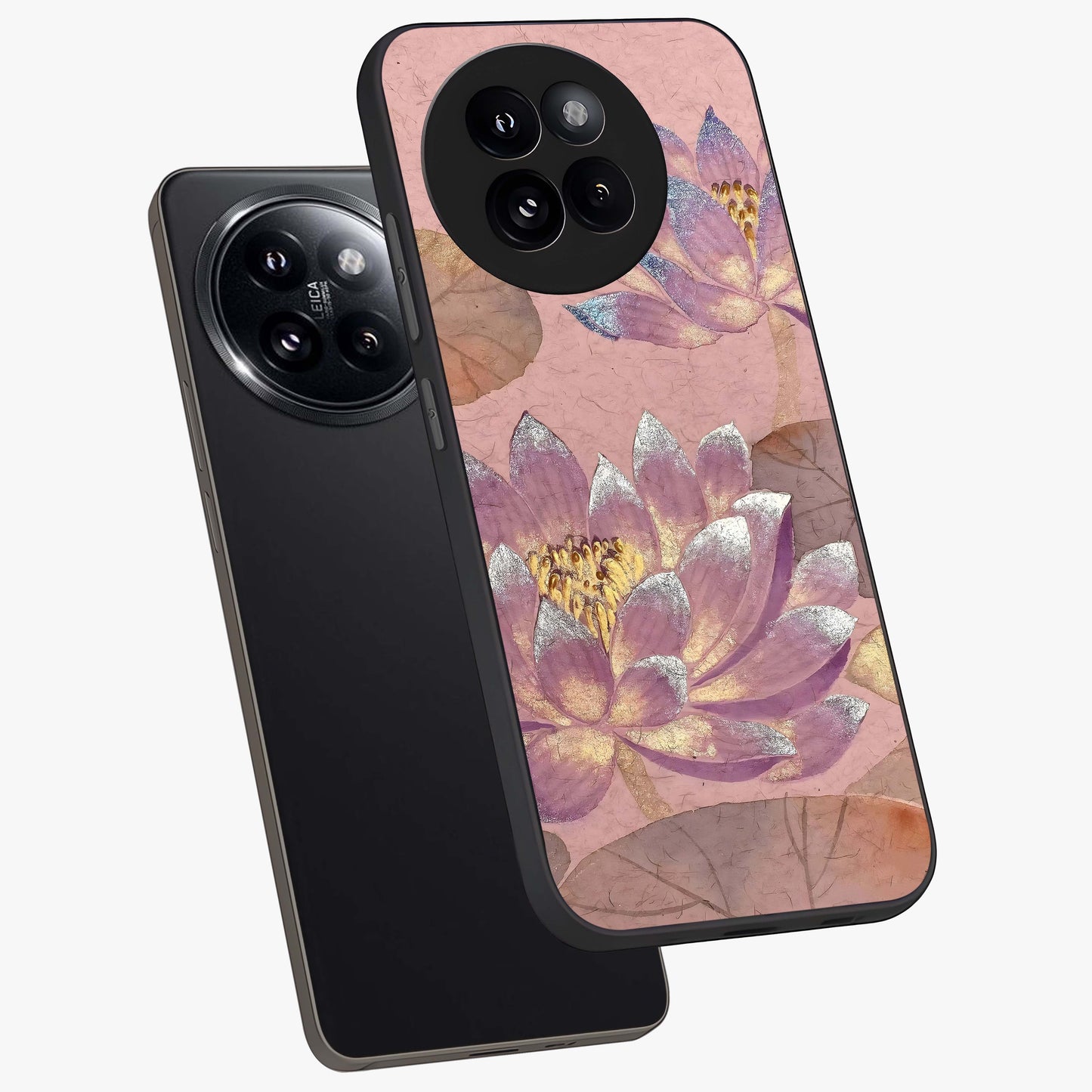 Blossom Mist Lotus Glass Case displayed in angled mockup highlighting delicate lotus illustration with calm aesthetic theme.