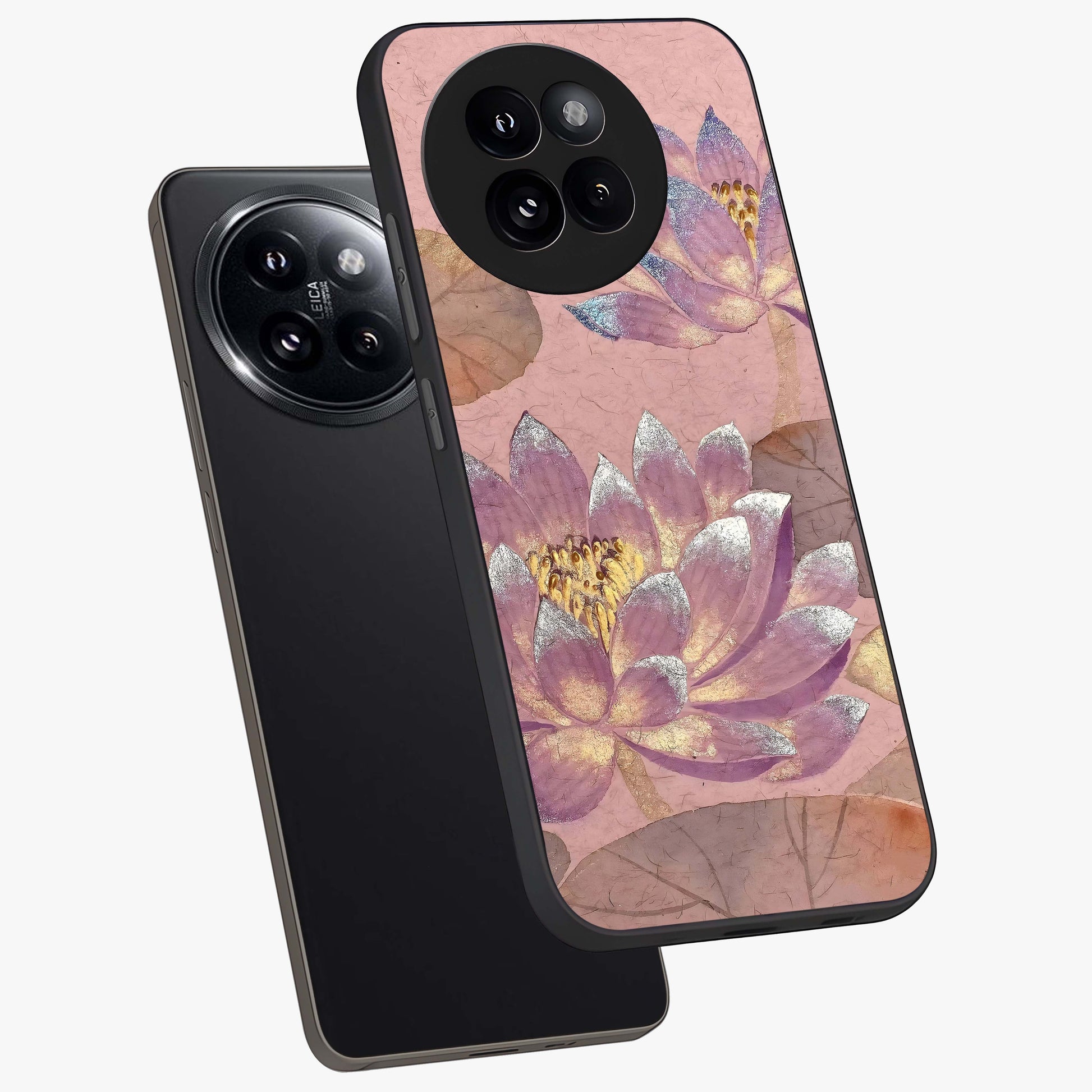 Blossom Mist Lotus Glass Case displayed in angled mockup highlighting delicate lotus illustration with calm aesthetic theme.