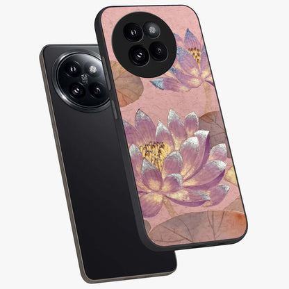 Blossom Mist Lotus Glass Case displayed in angled mockup highlighting delicate lotus illustration with calm aesthetic theme.