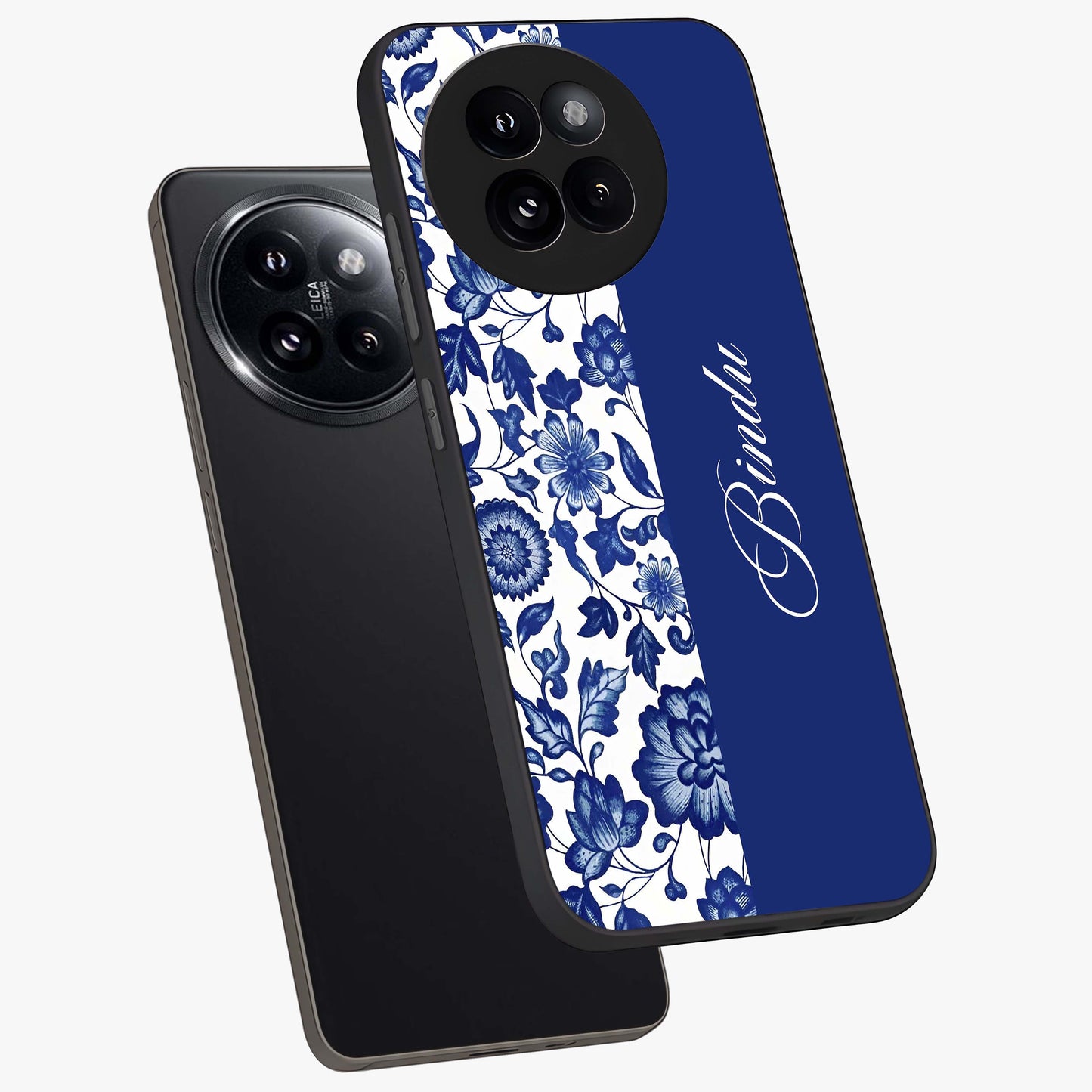 Blue Vintage Floral Pattern Glass Case displayed in angled mockup highlighting subtle bloom pattern with aesthetic pastel design.