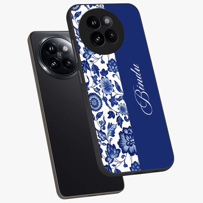Blue Vintage Floral Pattern Glass Case displayed in angled mockup highlighting subtle bloom pattern with aesthetic pastel design.