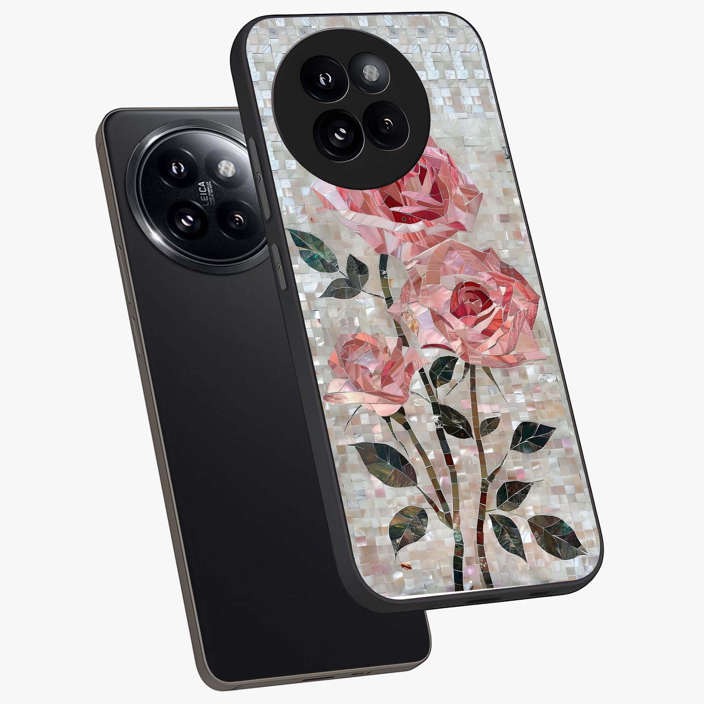 Blush Mosaic Bloom Glass Case displayed in angled mockup highlighting artistic mosaic flower pattern with aesthetic design.