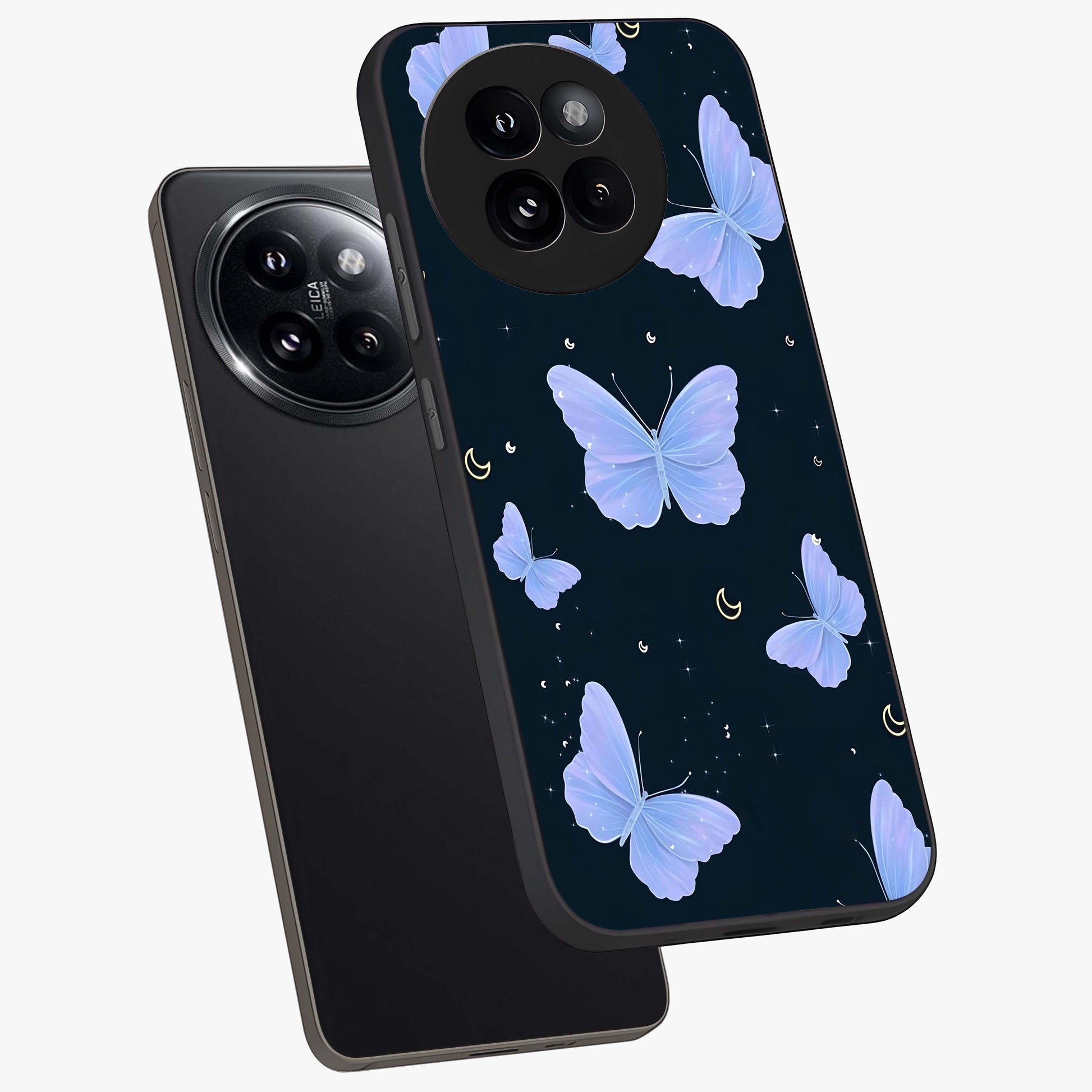 Butterfly With Stars Pattern Glass Case displayed in angled mockup highlighting dreamy butterfly and star design with aesthetic theme.