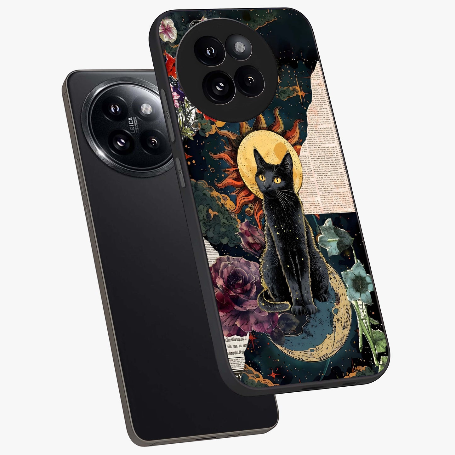 Celestial Black Cat Glass Case displayed in angled mockup highlighting cosmic black cat design with celestial aesthetic.