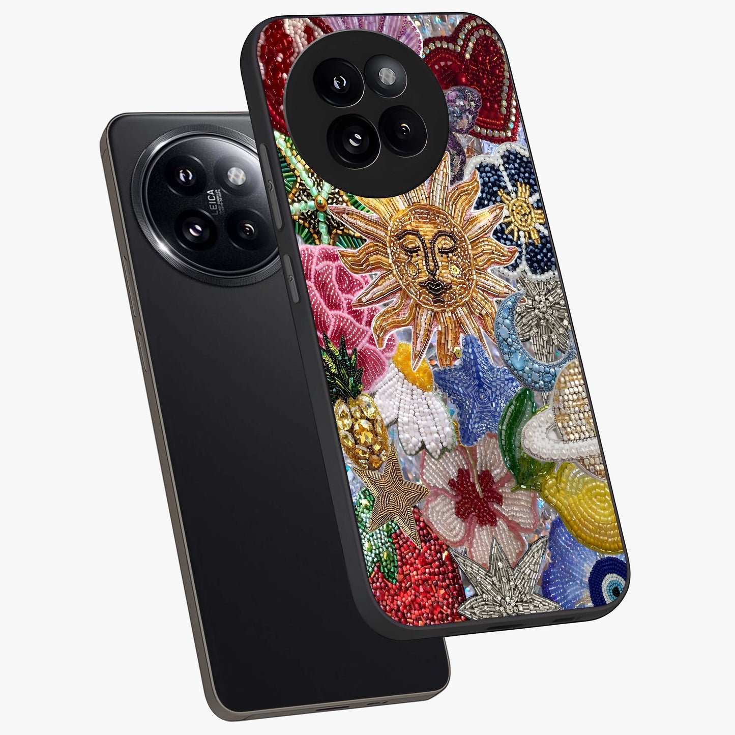 Celestial Floral and Playful Glass Case displayed in angled mockup highlighting playful floral design with dreamy celestial elements.