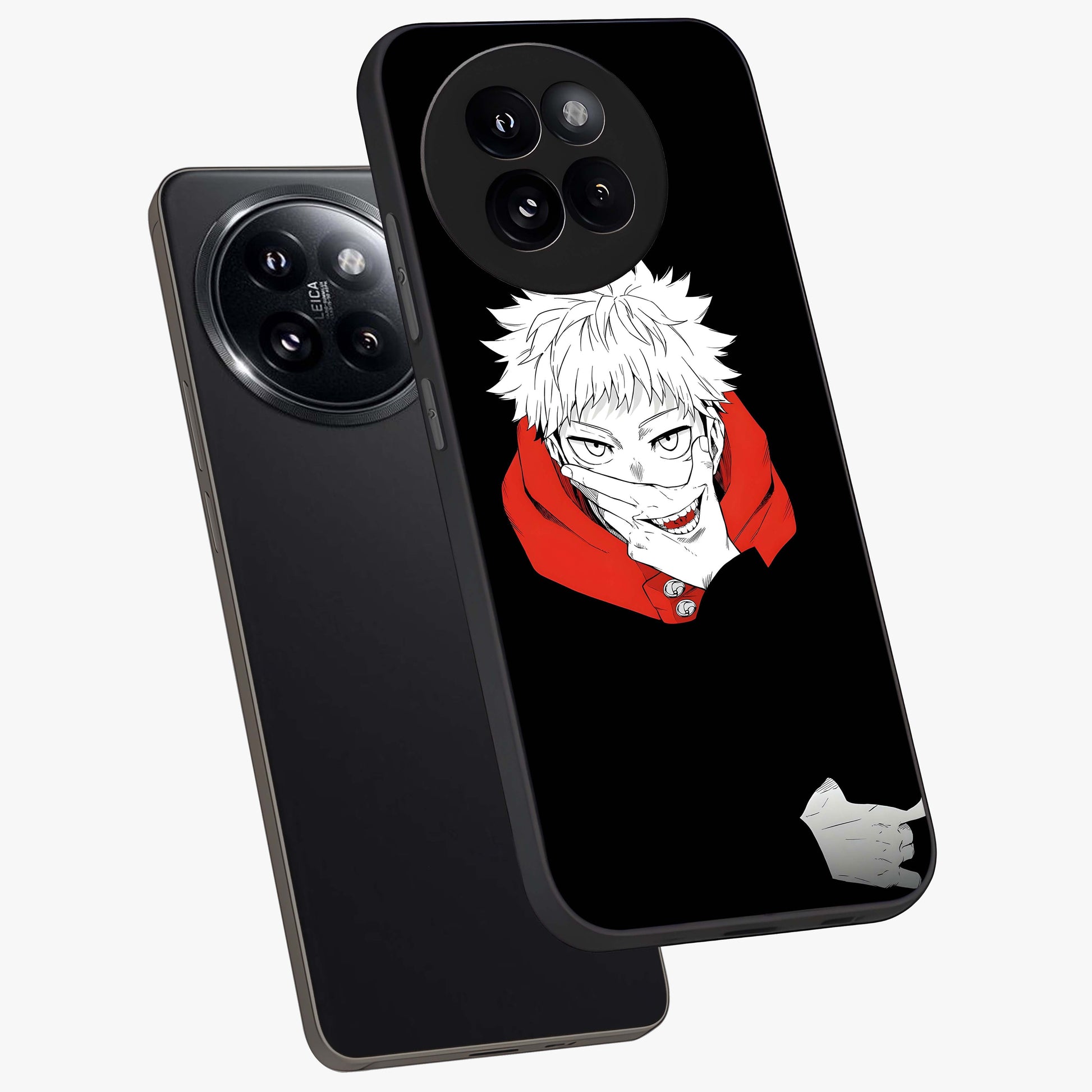 Crimson Chaos Smile Glass Case displayed in angled mockup highlighting edgy crimson smile design with graphic aesthetic.