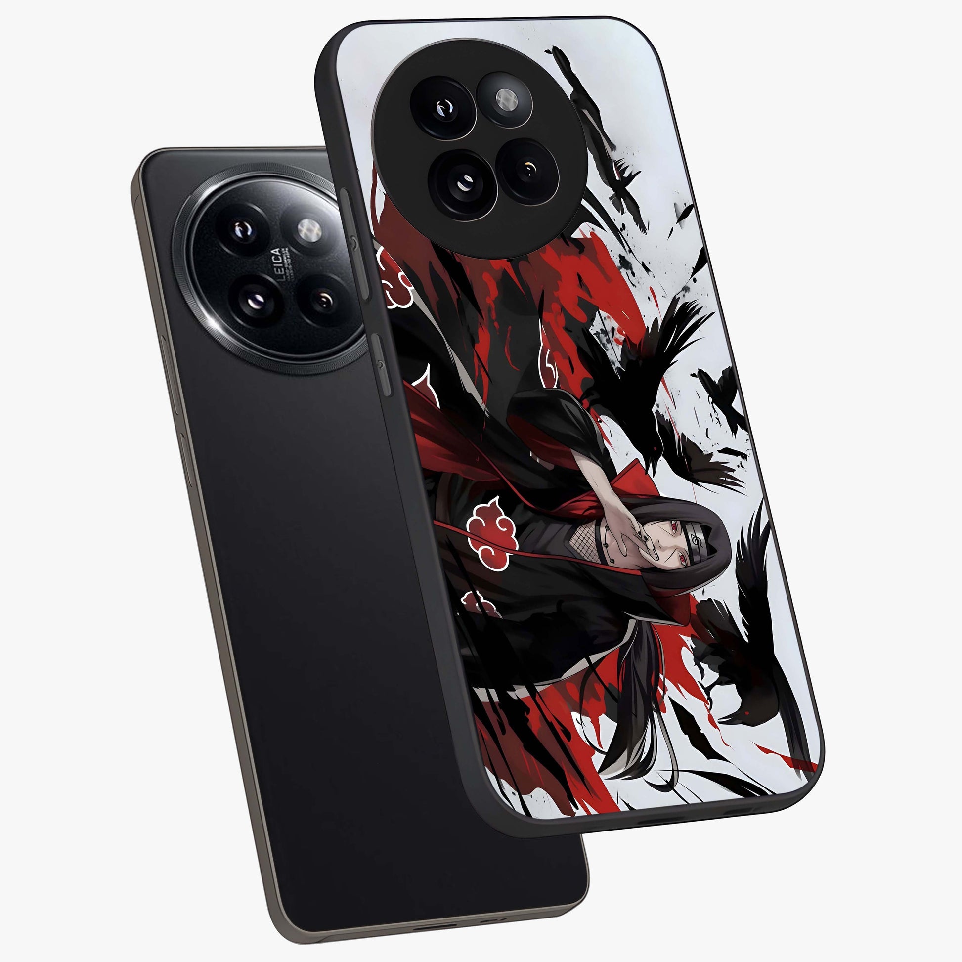 Crimson Crow Illusion Glass Case displayed in angled mockup highlighting mysterious crow graphic with dark aesthetic style.