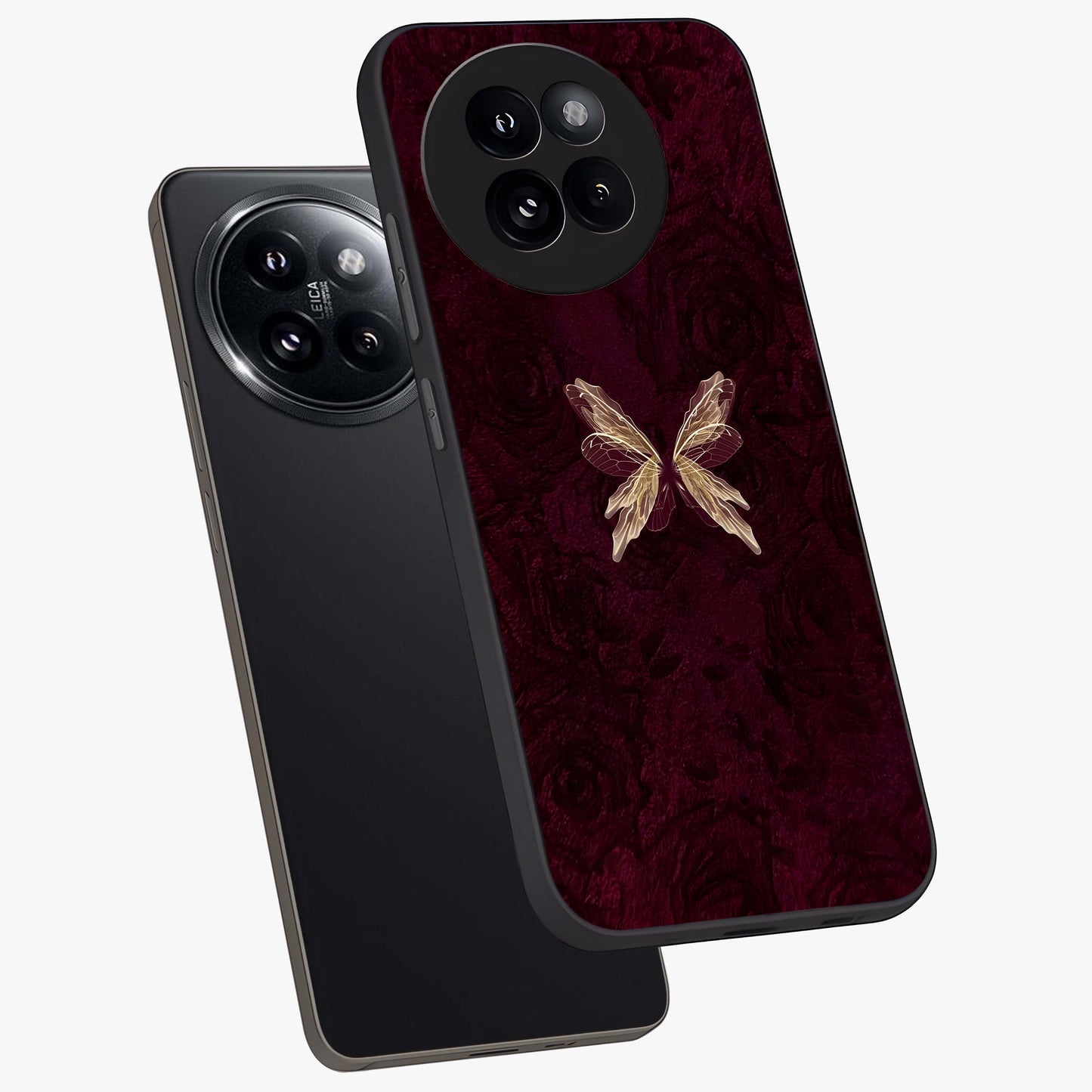 Crimson Fade Butterfly Glass Case displayed in angled mockup highlighting elegant butterfly design with crimson gradient aesthetic.