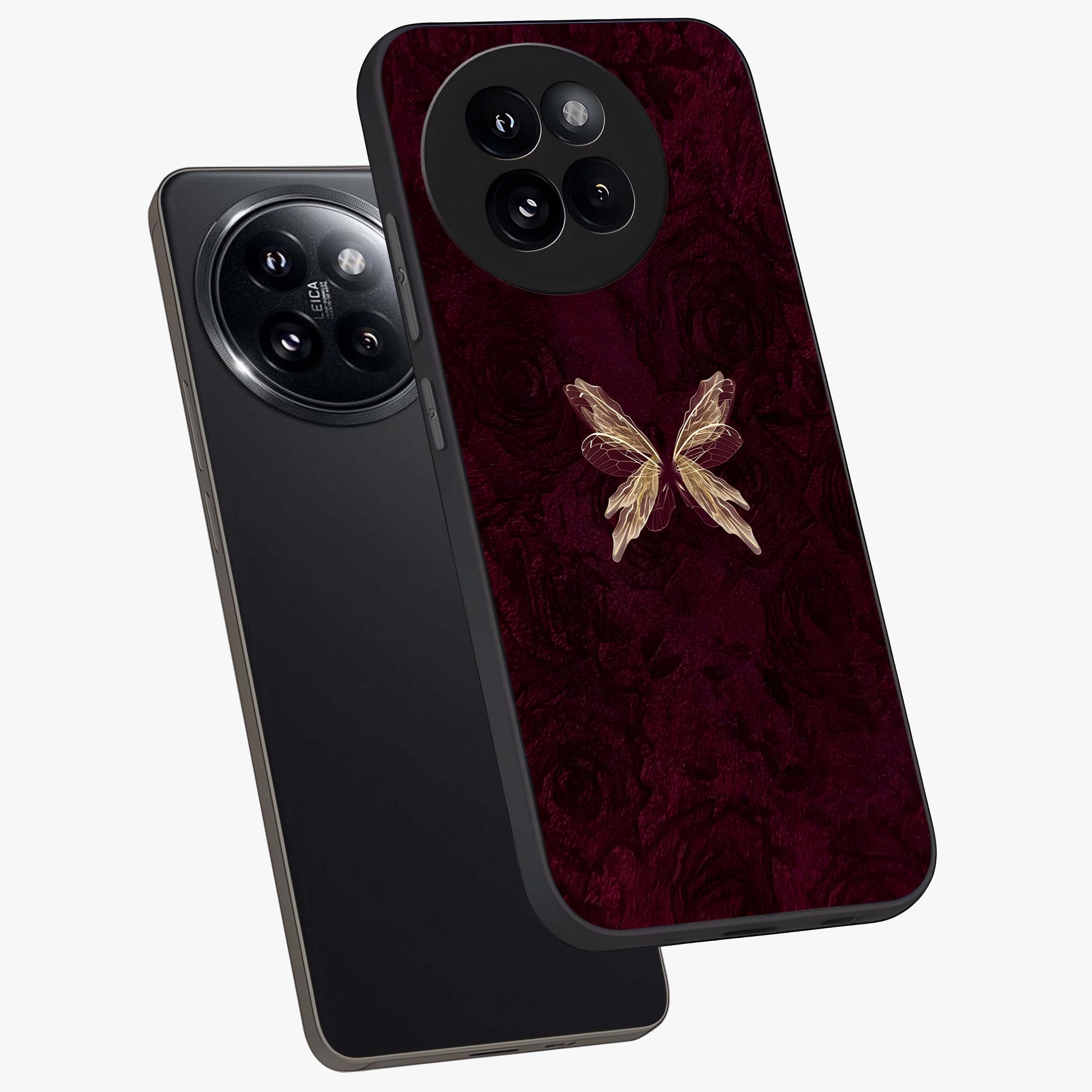 Crimson Fade Butterfly Glass Case displayed in angled mockup highlighting elegant butterfly design with crimson gradient aesthetic.