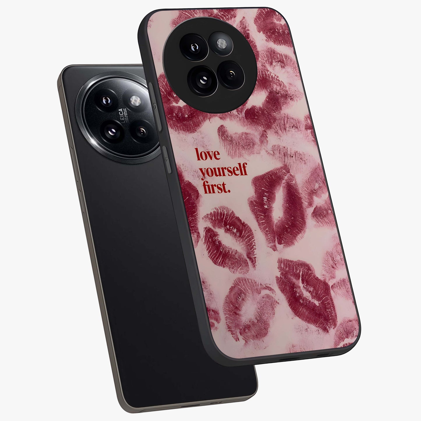 Crimson Kiss Love Glass Case displayed in angled mockup highlighting bold love inspired design with modern aesthetic style.