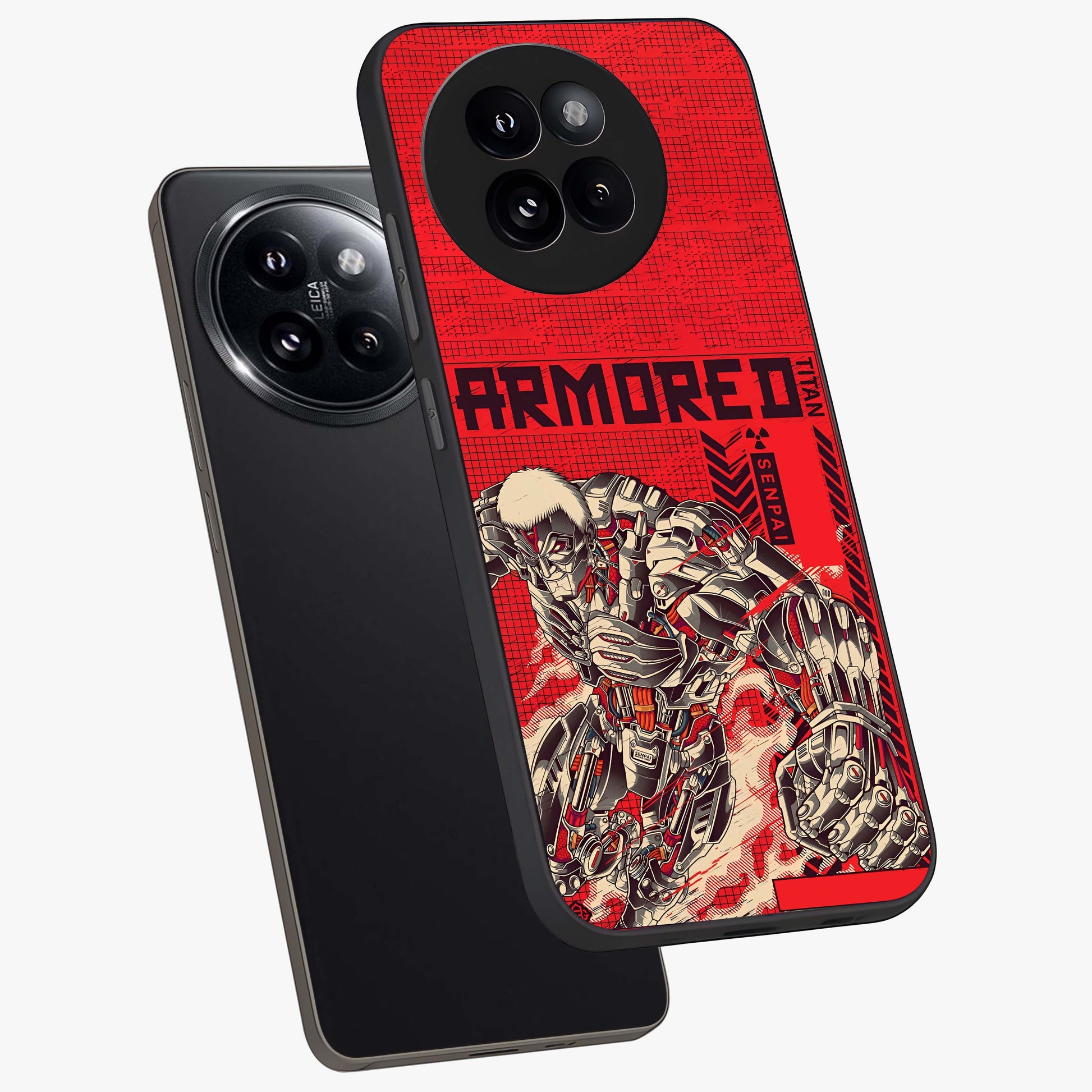 Crimson Mecha Titan Glass Case displayed in angled mockup highlighting futuristic mech illustration with bold crimson aesthetic.