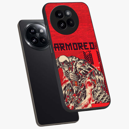 Crimson Mecha Titan Glass Case displayed in angled mockup highlighting futuristic mech illustration with bold crimson aesthetic.