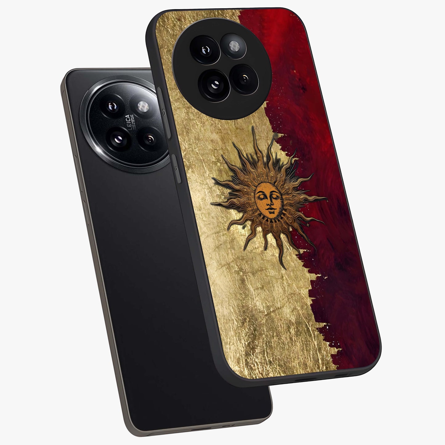 Crimson Sun Majesty Glass Case displayed in angled mockup highlighting majestic crimson sun design with bold aesthetic style.