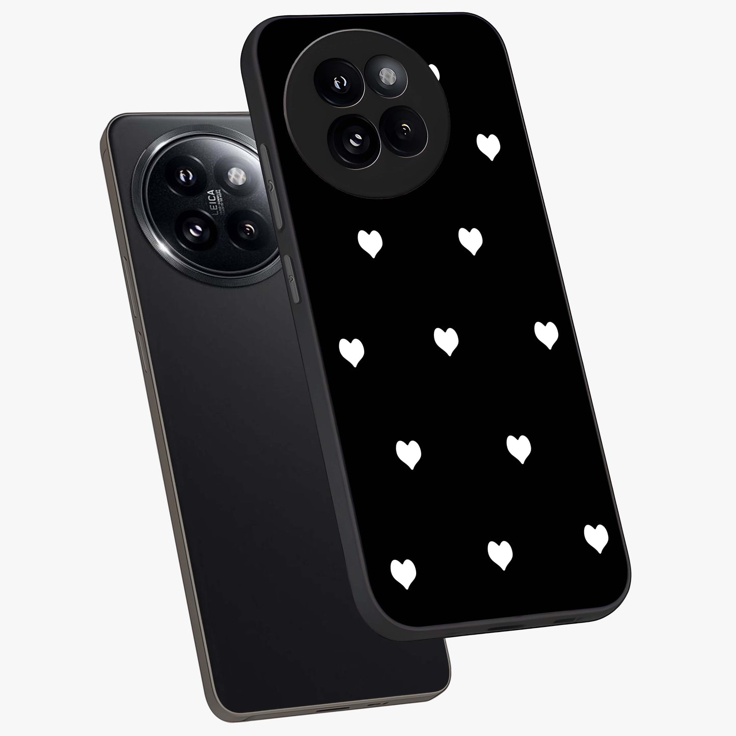 Cute And Simple White Hearts Glass Case displayed in angled mockup highlighting cute heart design with clean aesthetic style.