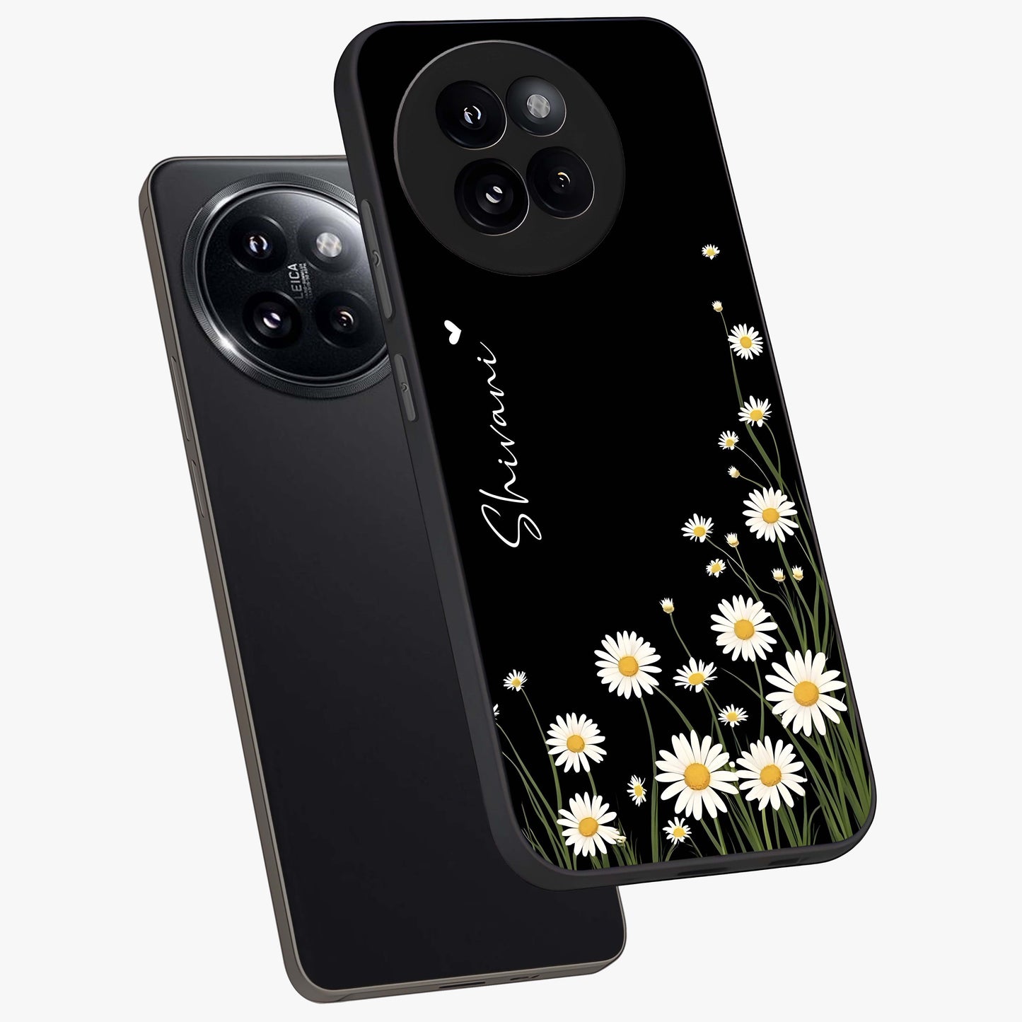 Daisy Cascade Custom Name Glass Case displayed in angled mockup highlighting delicate daisy artwork with custom name feature.