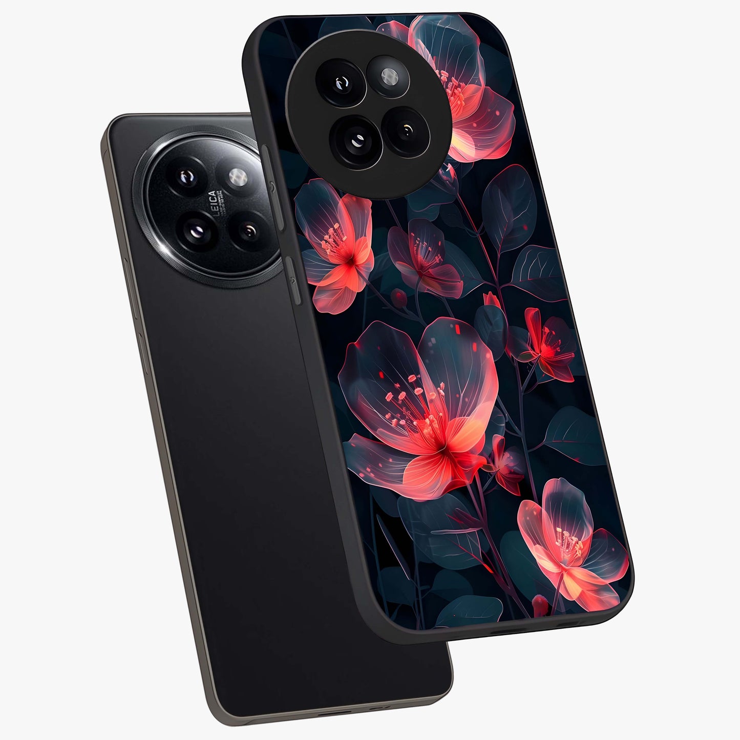 Dark Shade of Flower Glass Case displayed in angled mockup highlighting moody floral illustration with aesthetic dark tones.