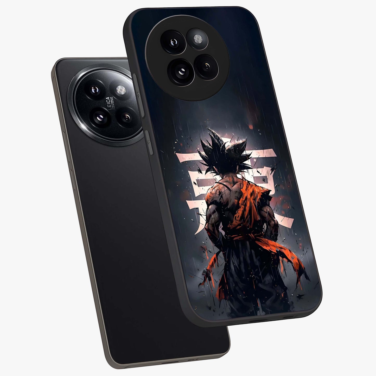 Dark Warrior In Rain Glass Case displayed in angled mockup highlighting dramatic warrior illustration with dark rain aesthetic.