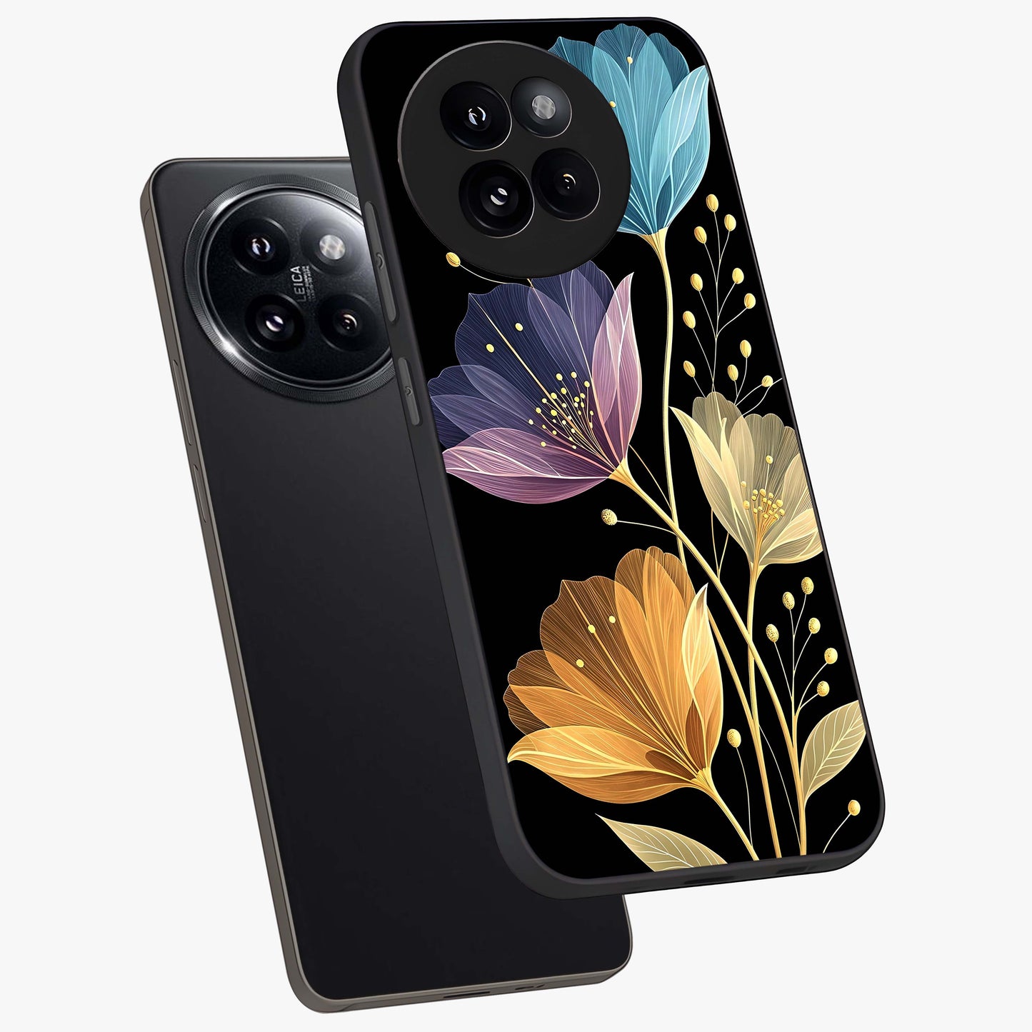 Delicate Multicolor Flowers Glass Case displayed in angled mockup highlighting colorful flower pattern with soft aesthetic style.