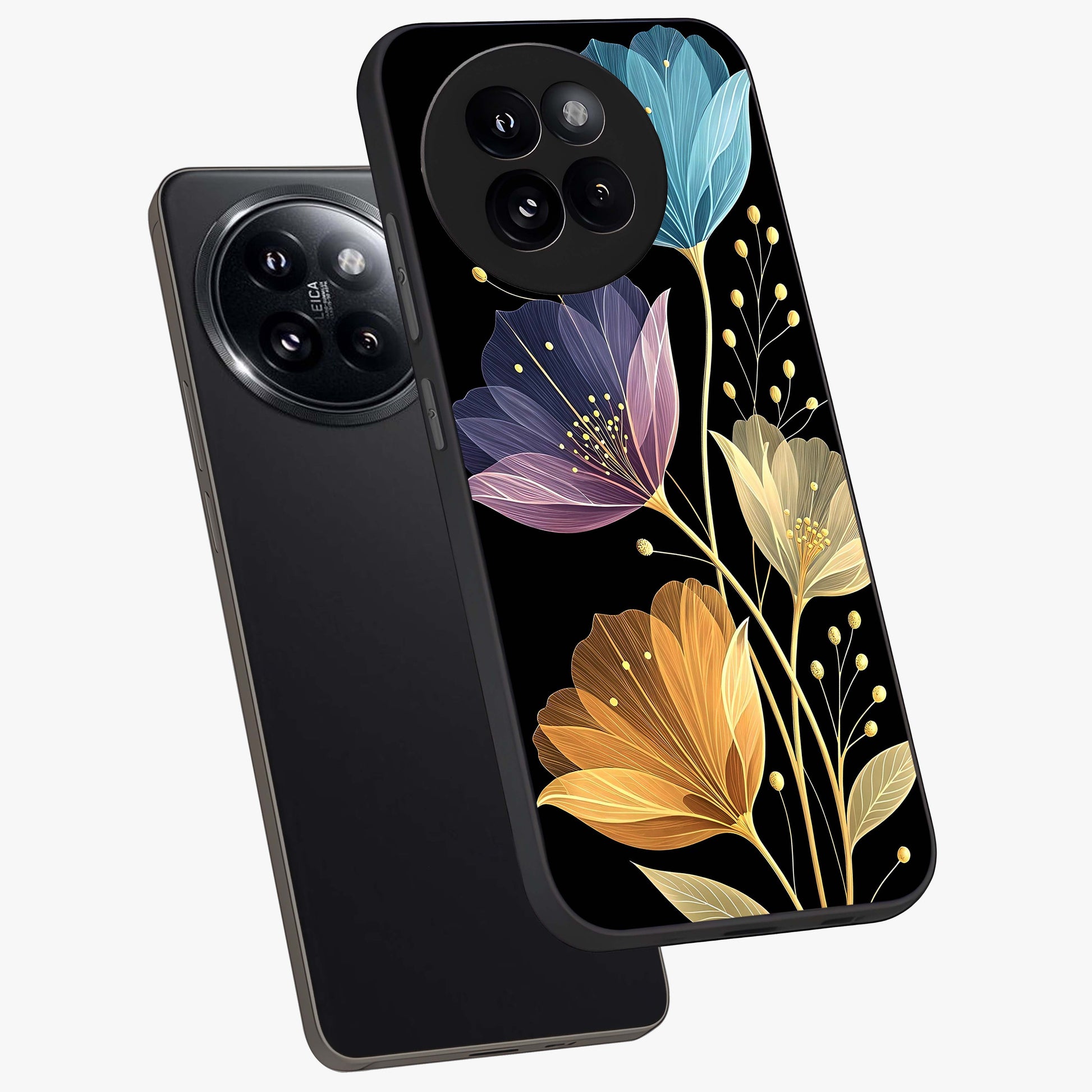 Delicate Multicolor Flowers Glass Case displayed in angled mockup highlighting colorful flower pattern with soft aesthetic style.