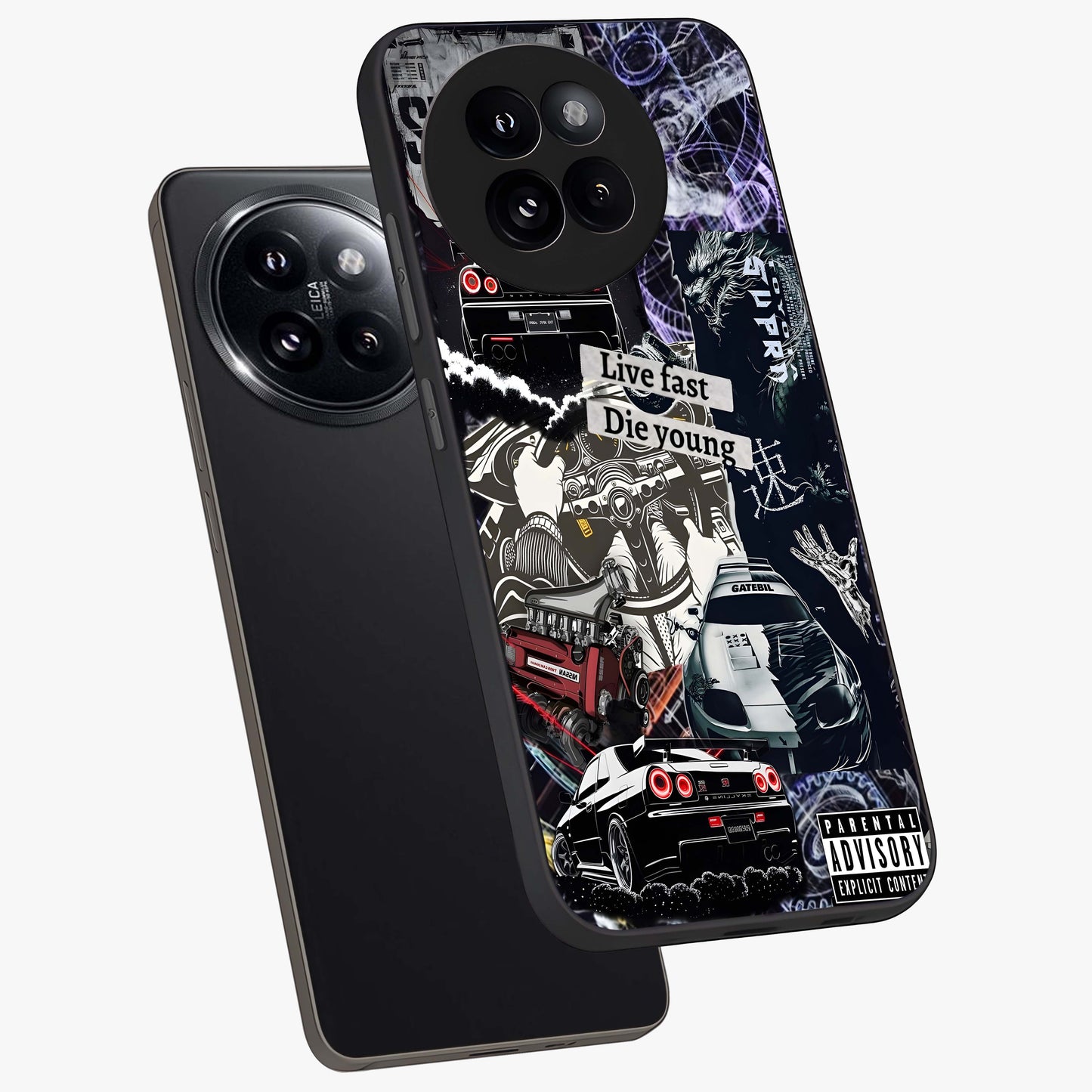 Die Young Glass Case displayed in angled mockup highlighting expressive graphic artwork with edgy aesthetic style.