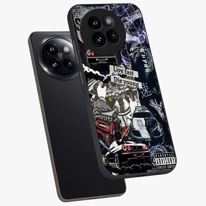 Die Young Glass Case displayed in angled mockup highlighting expressive graphic artwork with edgy aesthetic style.