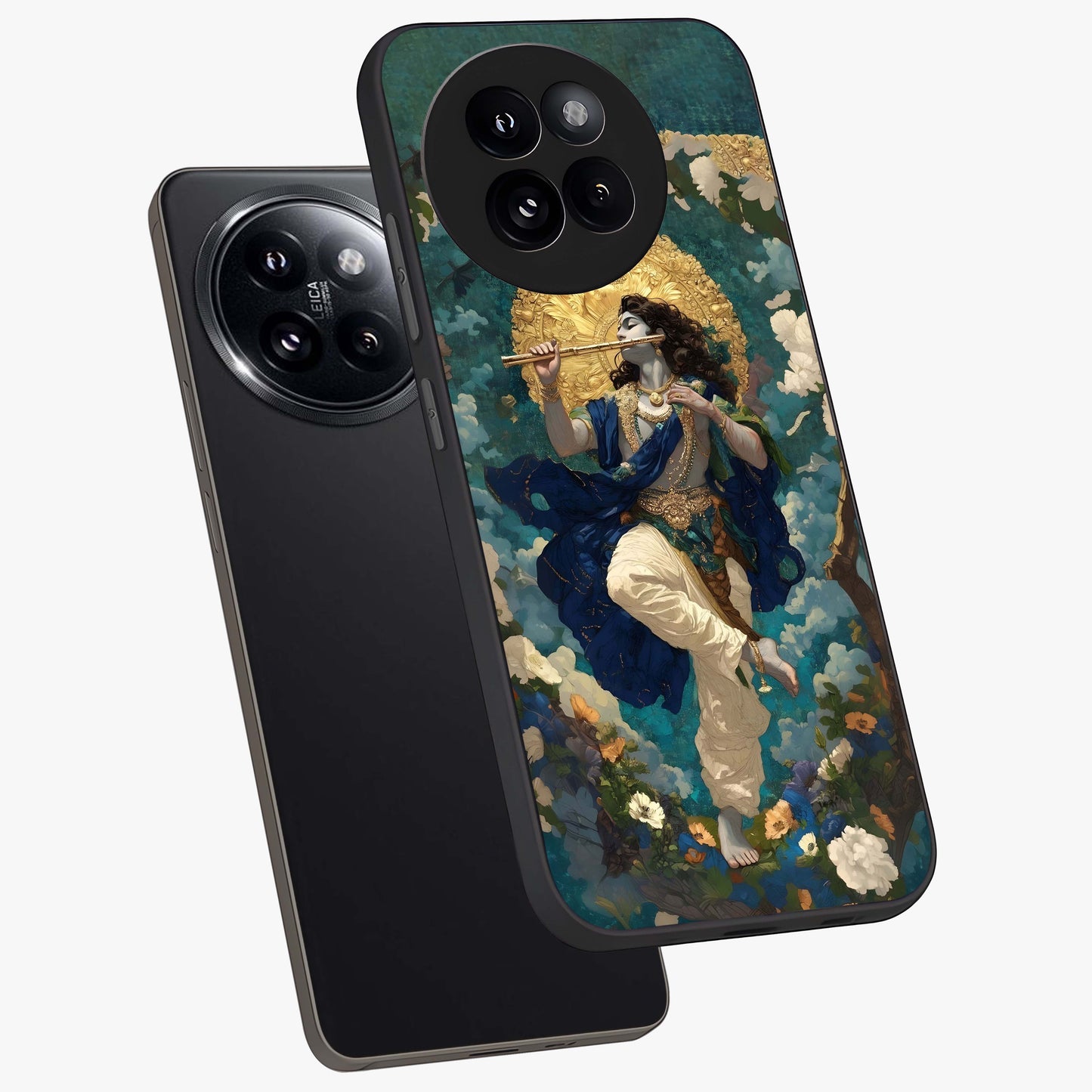 Divine Krishna Art Glass Case displayed in angled mockup highlighting spiritual Krishna illustration with devotional aesthetic.