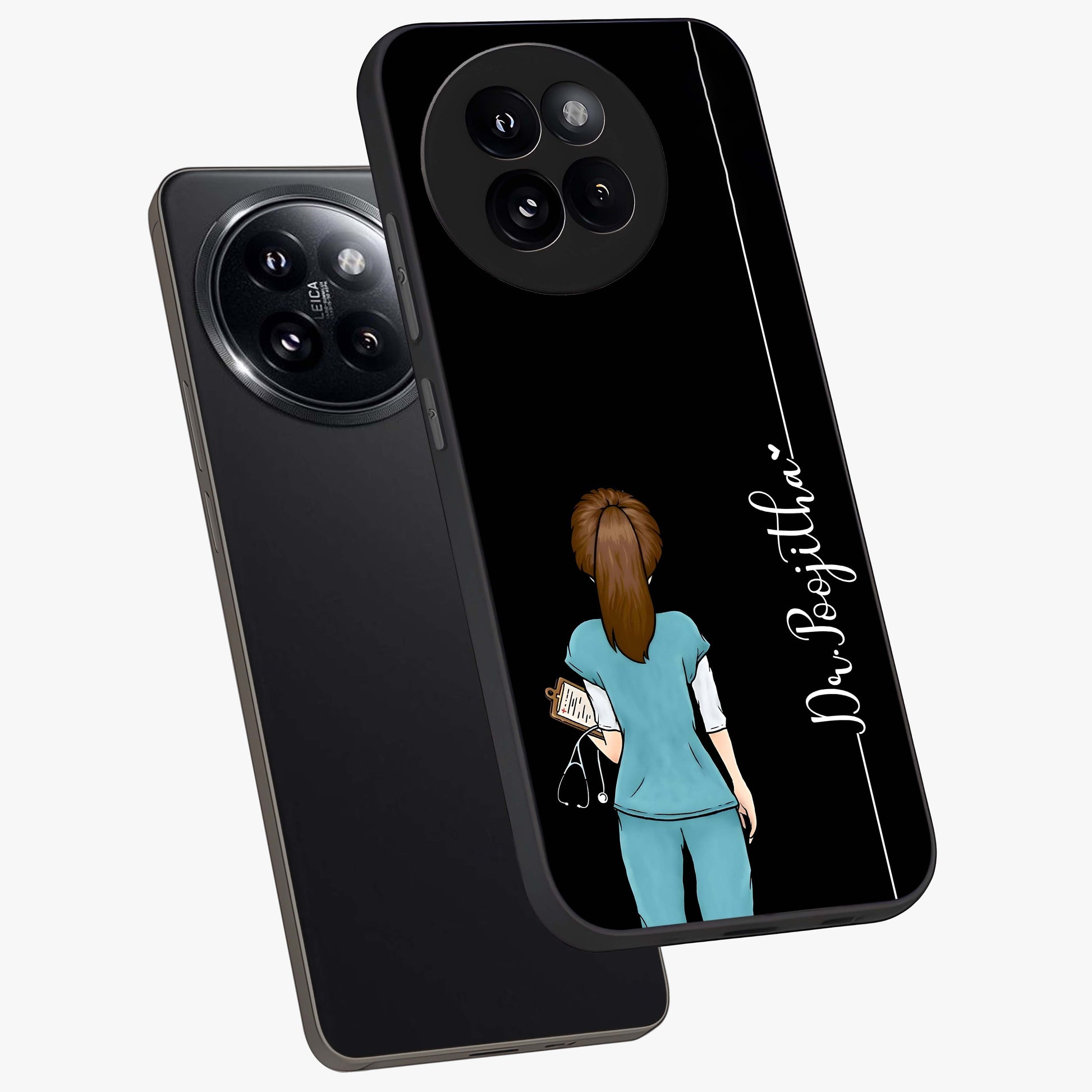 Doctor Pattern Custom Name Glass Case displayed in angled mockup highlighting doctor inspired artwork with custom name feature.