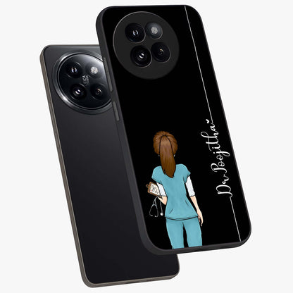 Doctor Pattern Custom Name Glass Case displayed in angled mockup highlighting doctor inspired artwork with custom name feature.