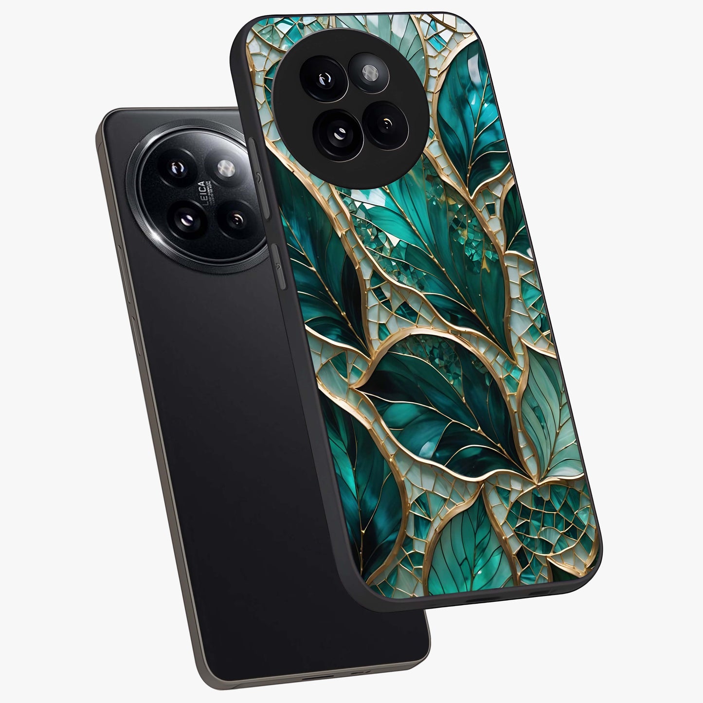 Emerald Leaf Glass Glass Case displayed in angled mockup highlighting botanical leaf illustration with elegant natural aesthetic.