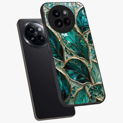 Emerald Leaf Glass Glass Case displayed in angled mockup highlighting botanical leaf illustration with elegant natural aesthetic.