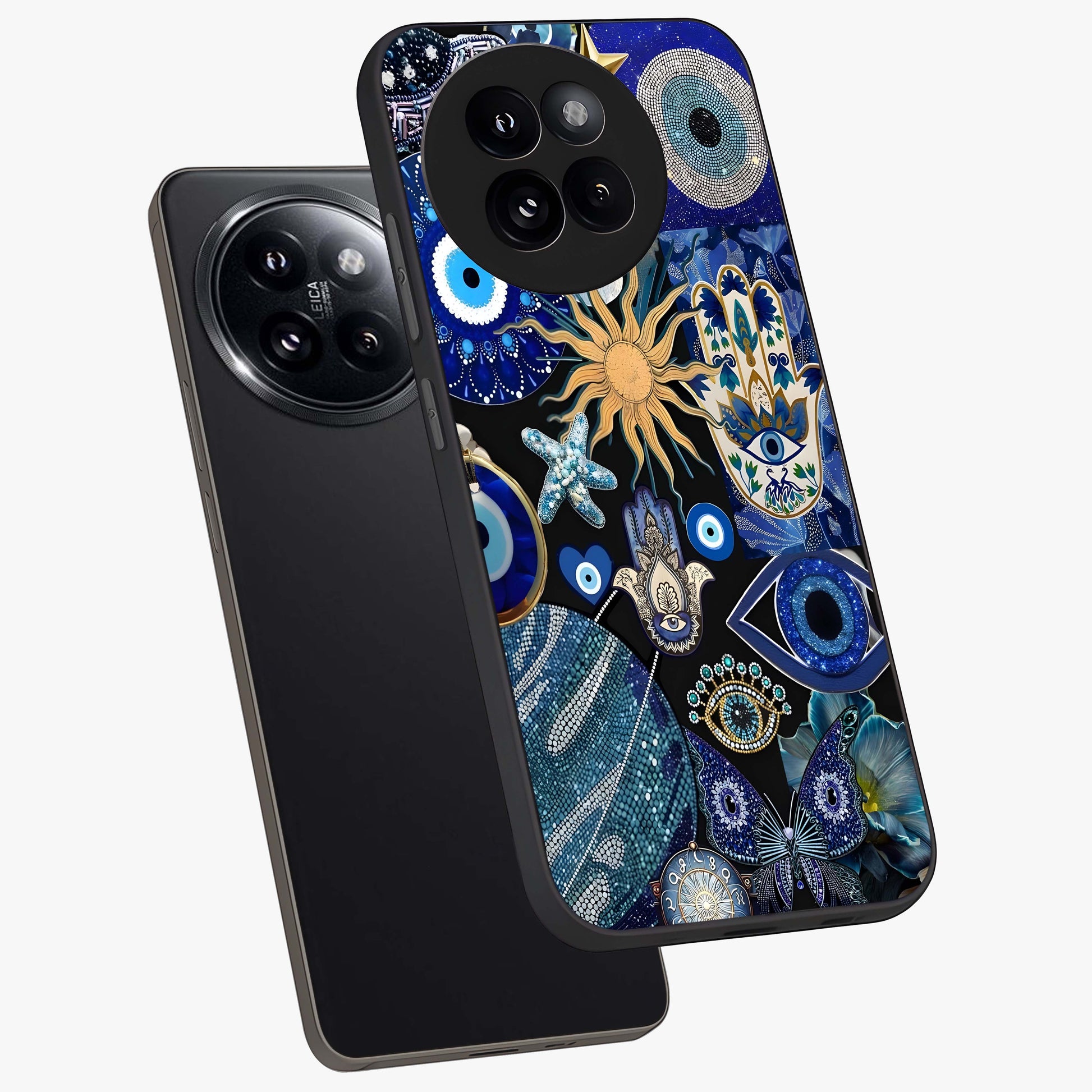 Evil Eye Charm Mix Glass Case displayed in angled mockup highlighting protective evil eye symbols with spiritual aesthetic design.