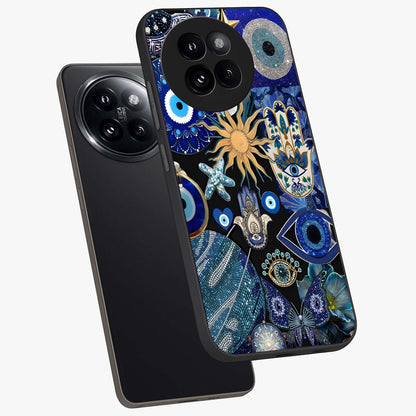 Evil Eye Charm Mix Glass Case displayed in angled mockup highlighting protective evil eye symbols with spiritual aesthetic design.