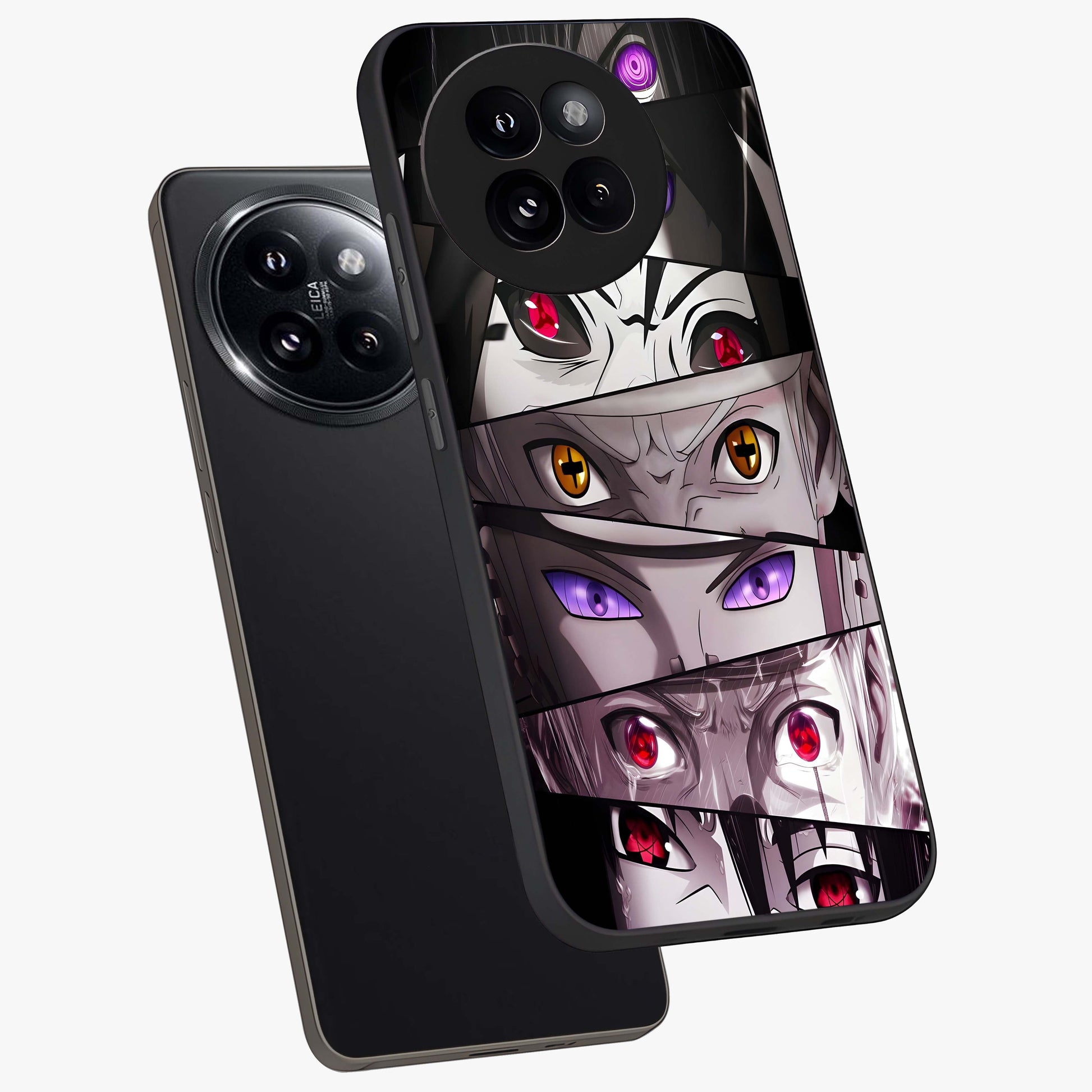 Eyes of Destiny Glass Case displayed in angled mockup highlighting bold eye illustration with mystical aesthetic style.