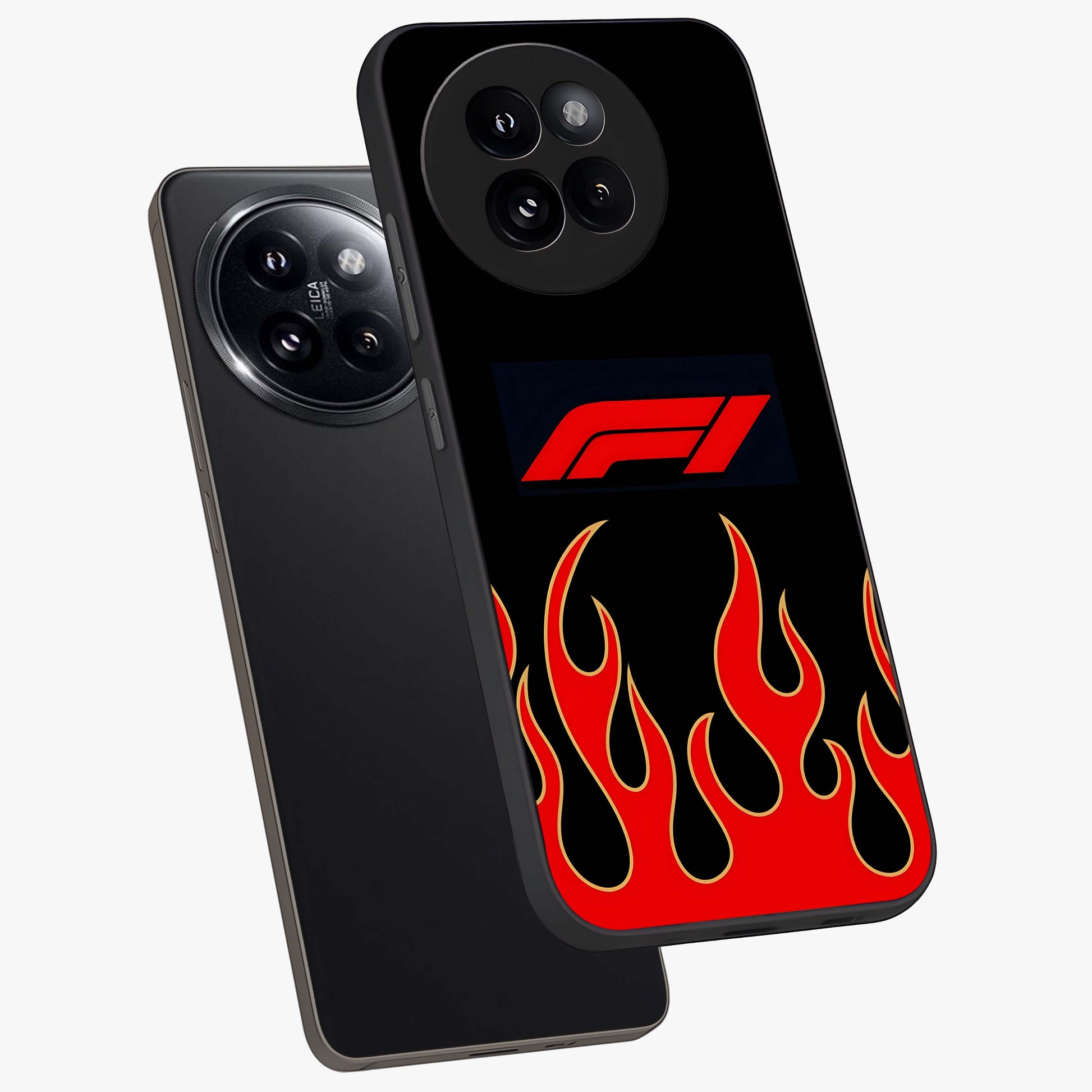 Fire F11 Glass Case displayed in angled mockup highlighting bold fire inspired graphic with energetic aesthetic style.