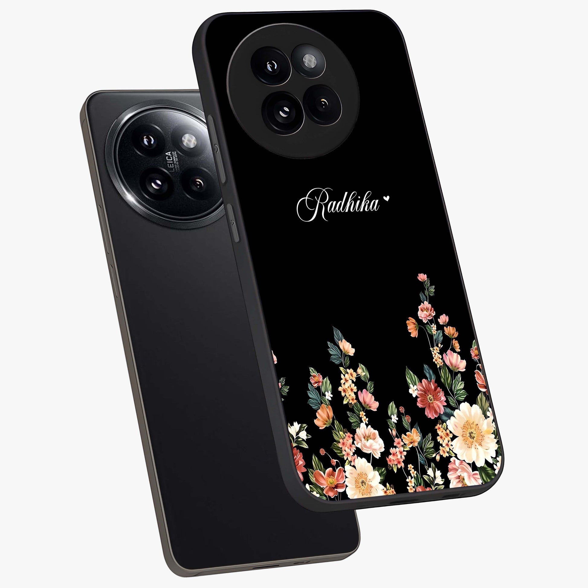 Floral Design With a Custom Personalized Name Glass Case displayed in angled mockup highlighting elegant floral pattern with custom name feature.